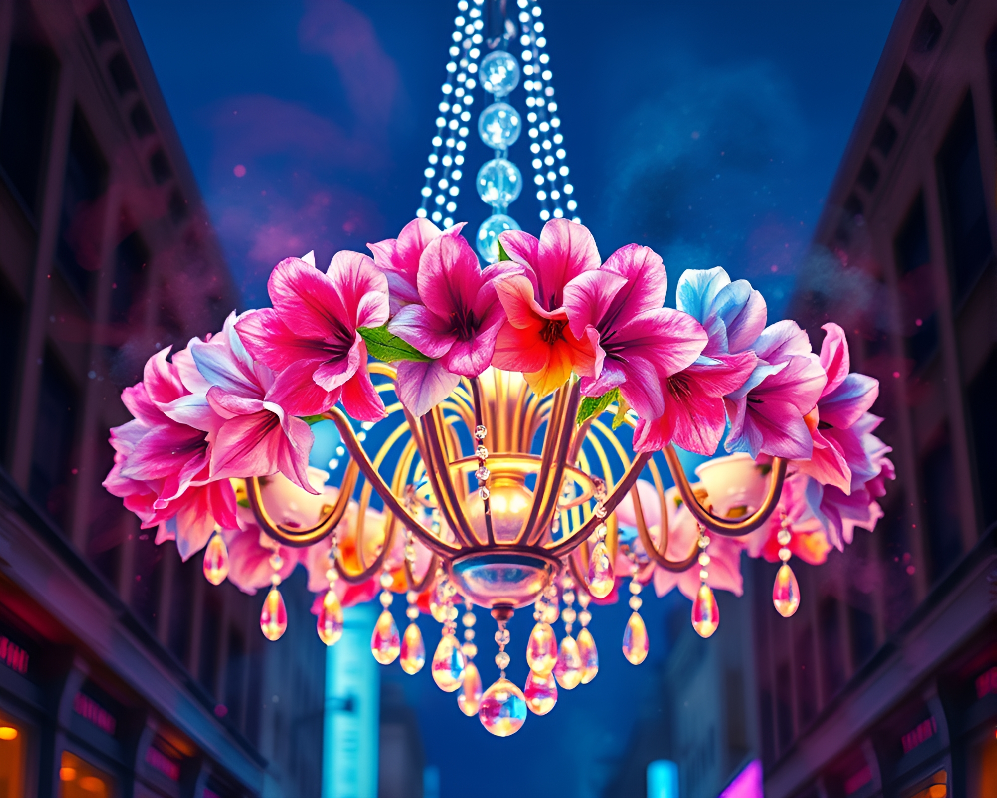 Neon City Chandelier in Watercolor Bloom Splendor – free AI stock image