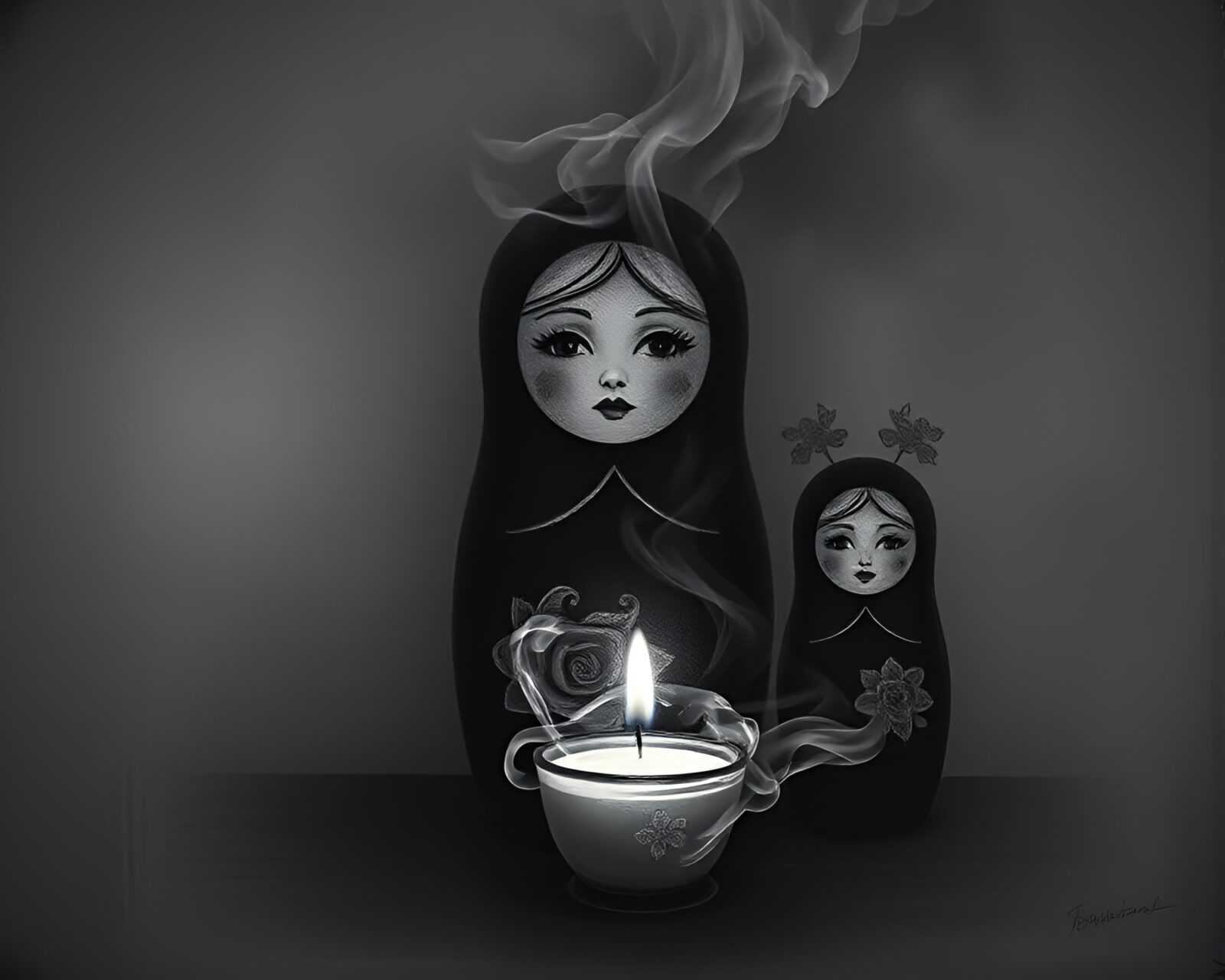 Desaturated, gloomy chalk art of Matryoshka doll surrounded by smoke