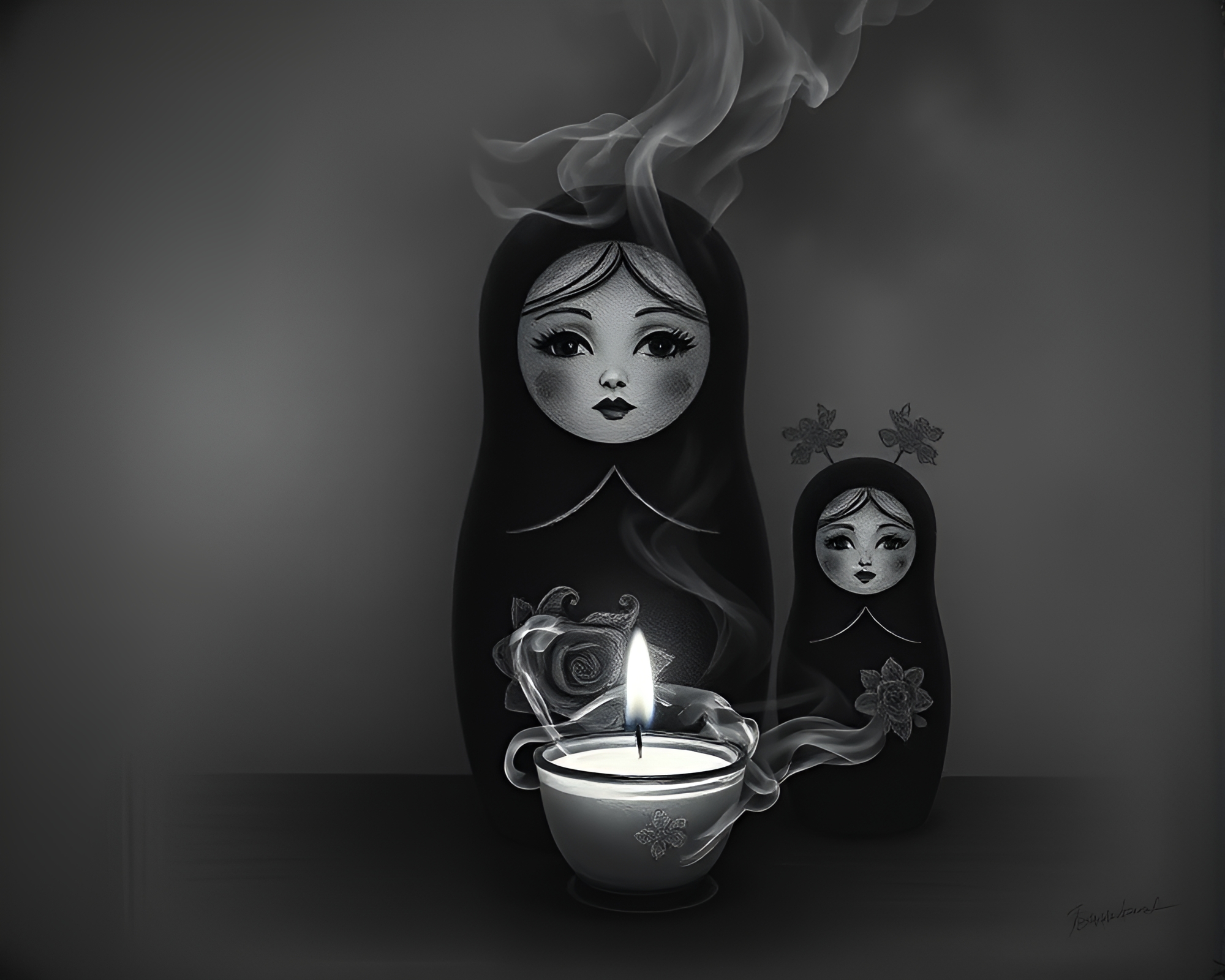 Chalk drawing of Matryoshka doll engulfed in candle smoke – free AI stock image
