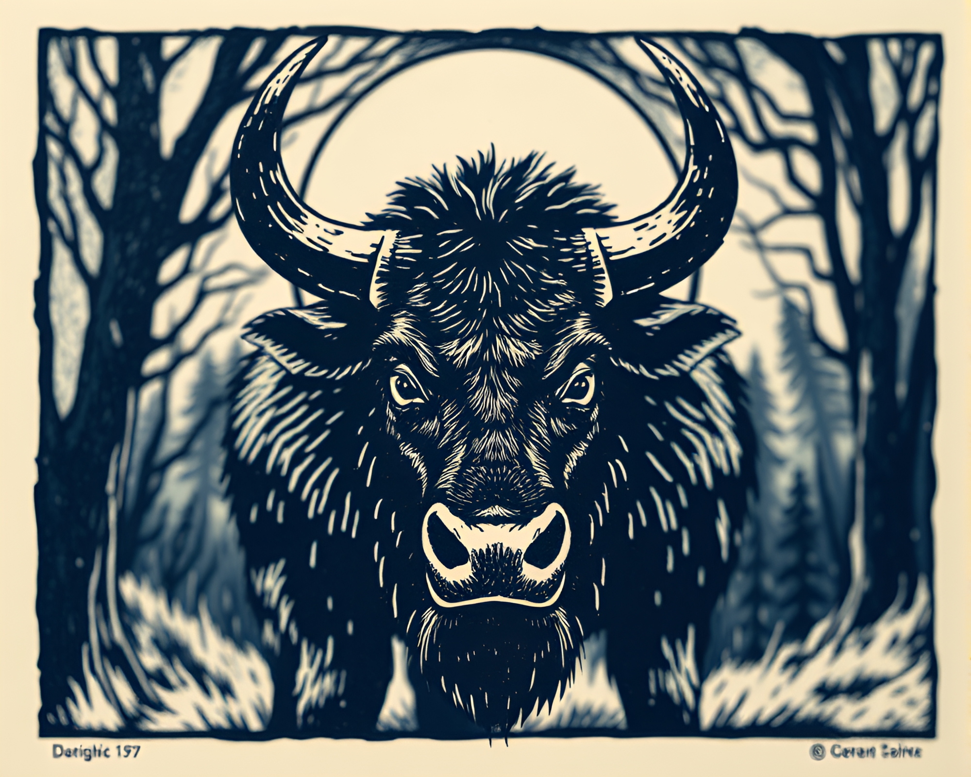 Minotaur in Indigo Woodcut Mystery – free AI stock image