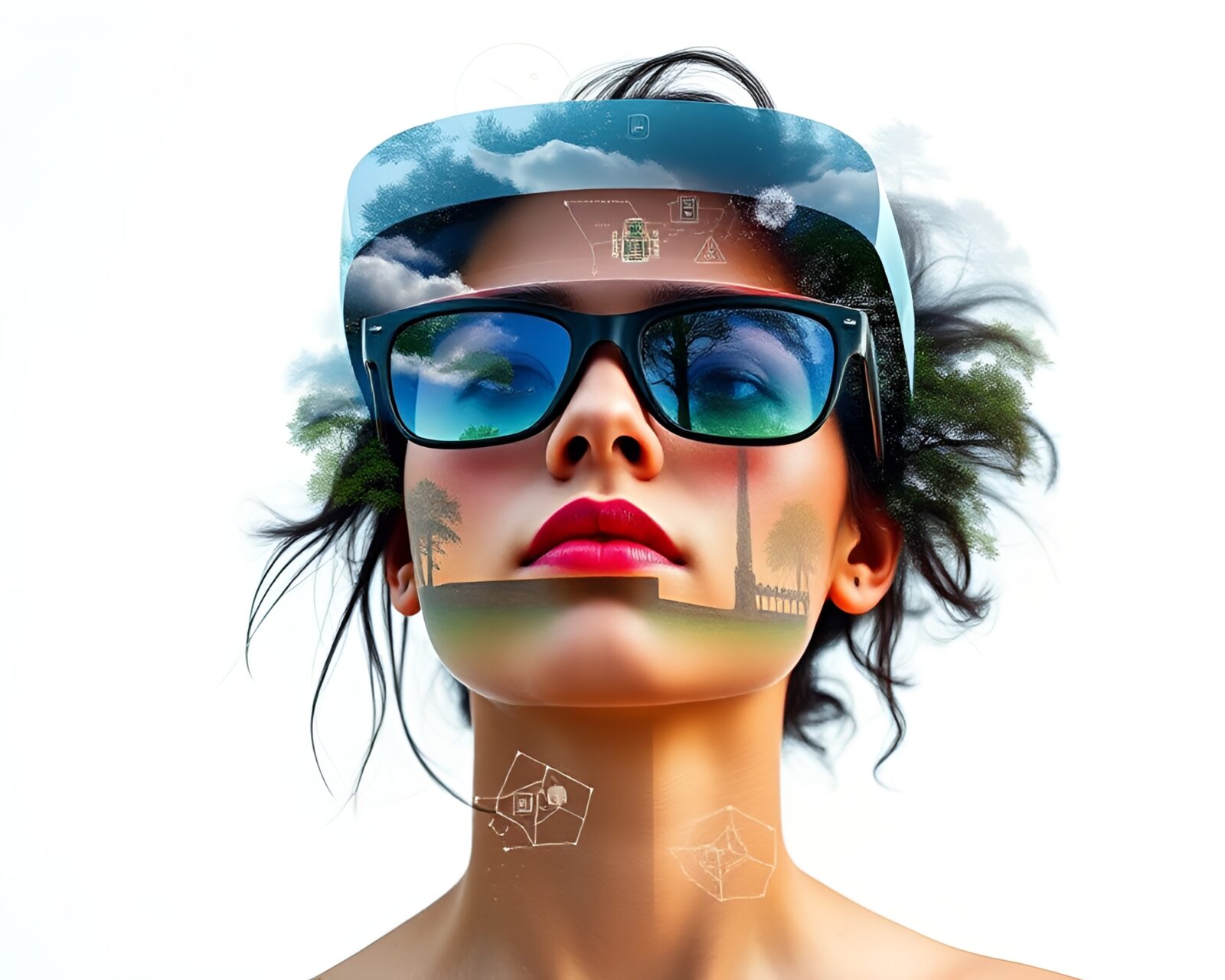 A person with digital overlays in triadic color lighting