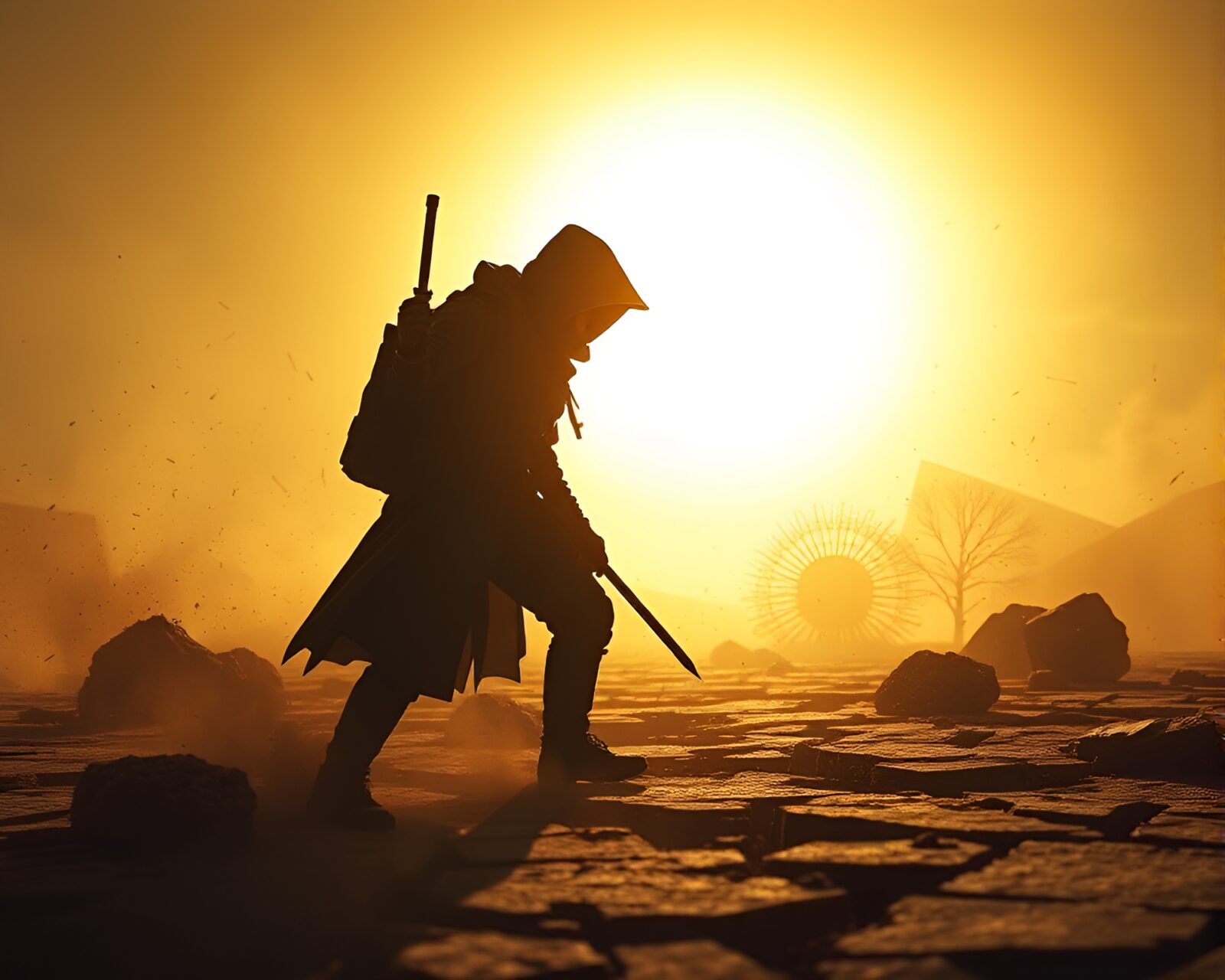 Backlit silhouette of cyberpunk figure standing on cracked ground