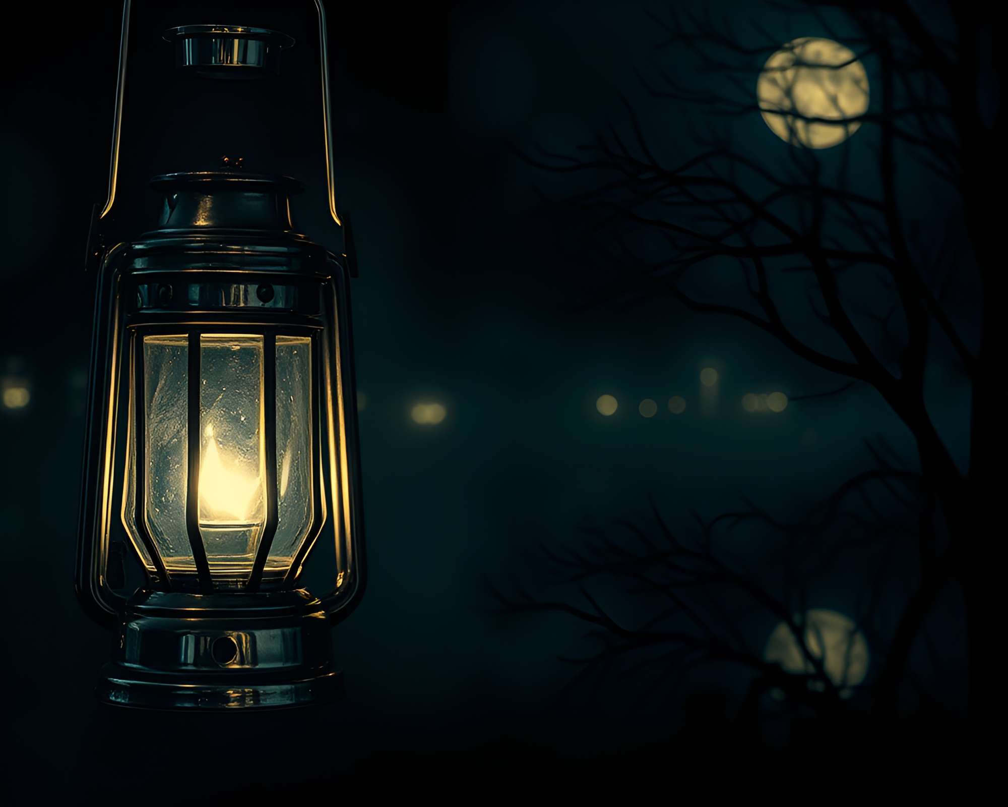 Vampire’s Chrome Reflection in Lantern-Lit Lithographic World – free AI stock image