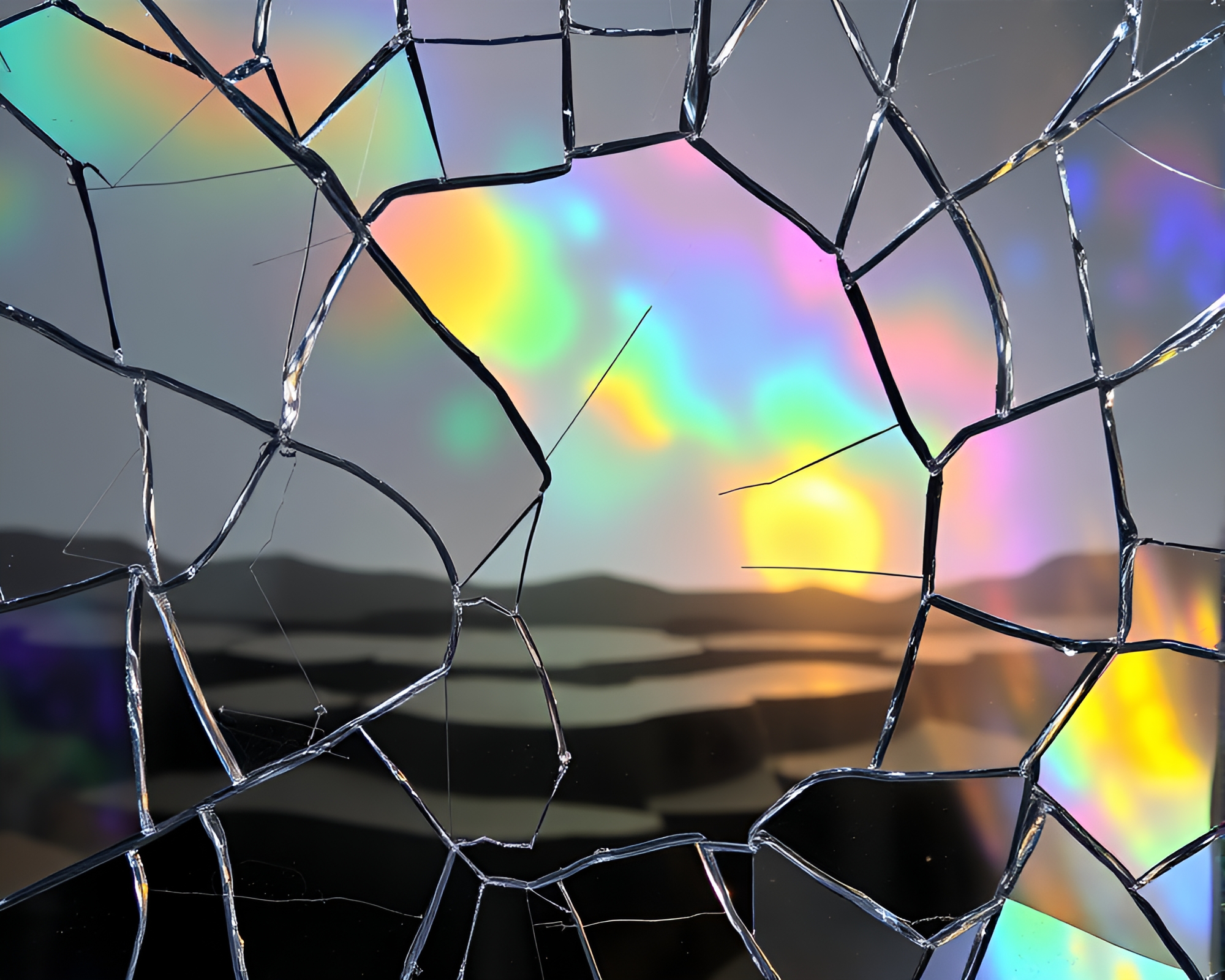 Trumpet Reflection in Broken Glass Landscape Etching – free AI stock image