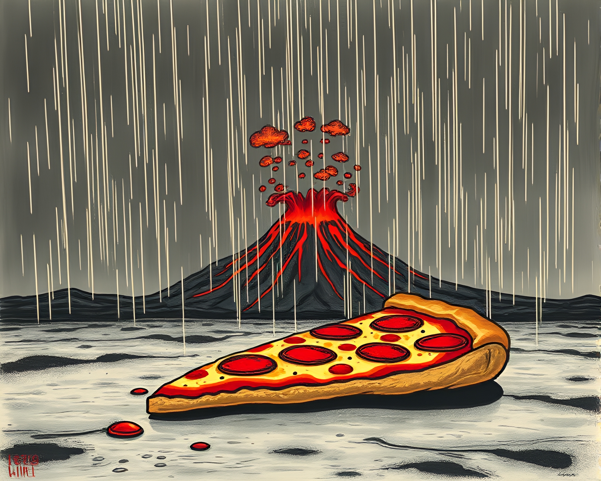 Pizza Slice in Volcano Glow Rain Droplets Scene – free AI stock image