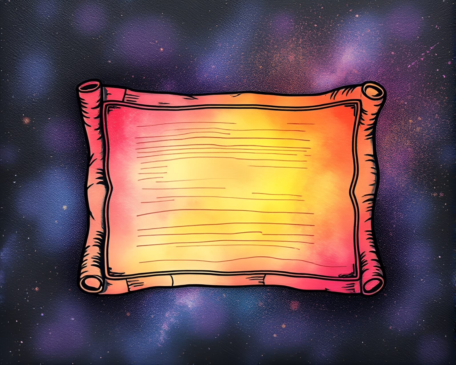 Mystical ancient scroll with vibrant cosmic rainbow hues