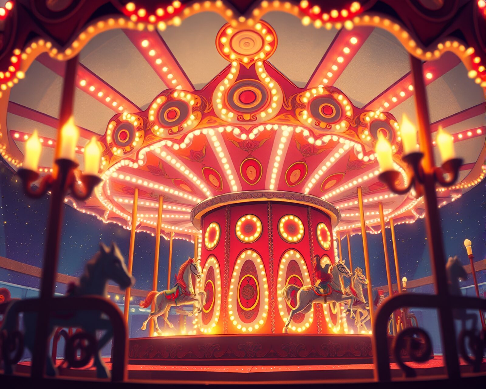 Low-angle view of a candlelit carnival carousel in a children's book illustration style