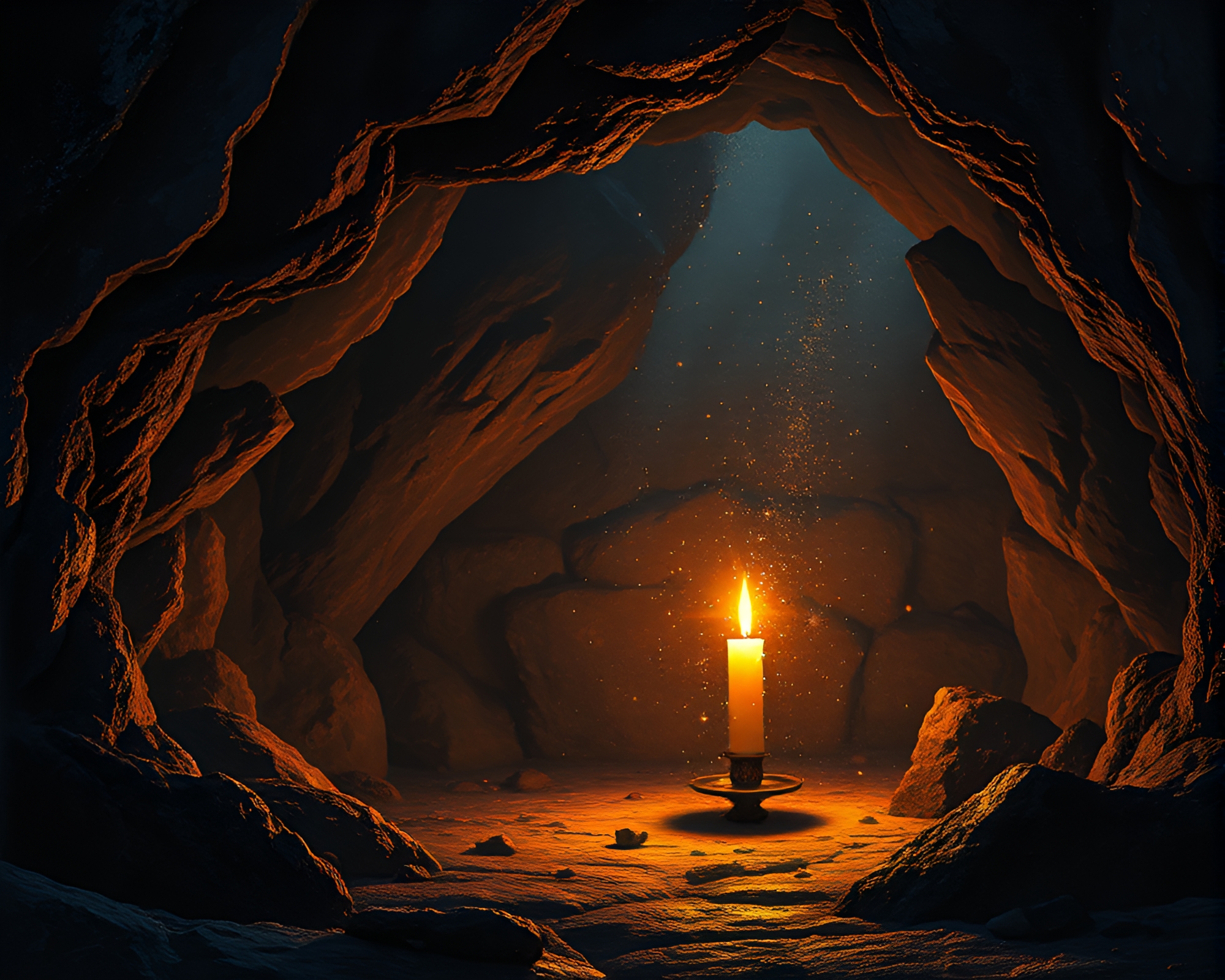 Enigmatic Candlelit Cave Painting with Metallic Flakes – free AI stock image