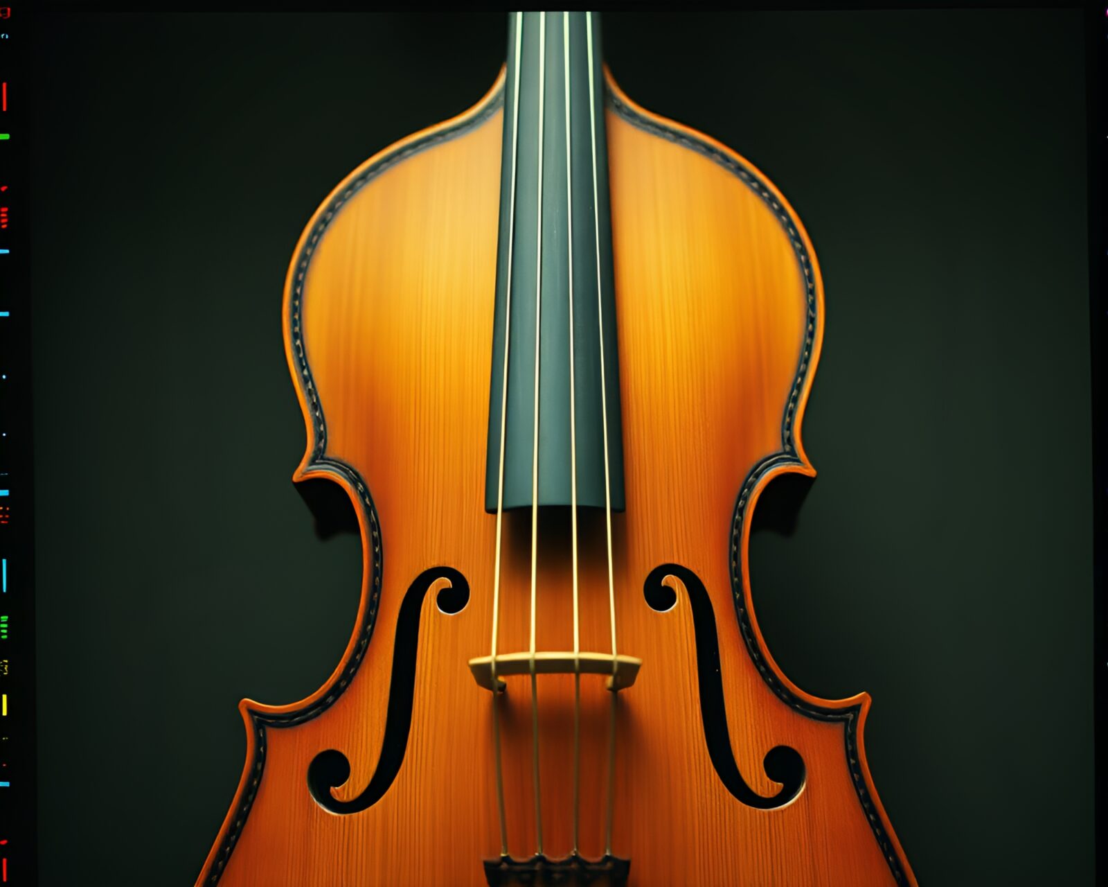 Wooden violin surrounded by film sprocket holes and grain