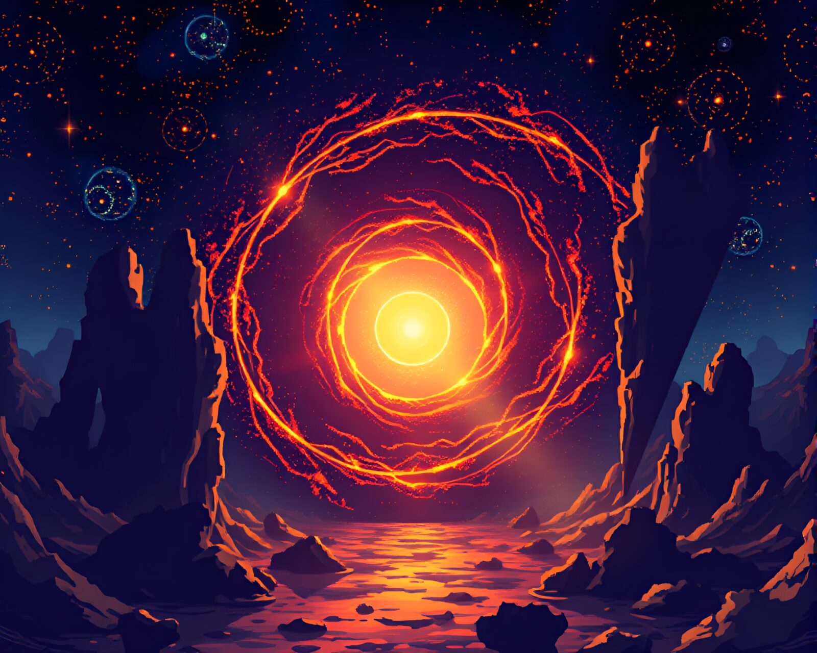 Beautifully lit multiverse portal in detailed pixel art style