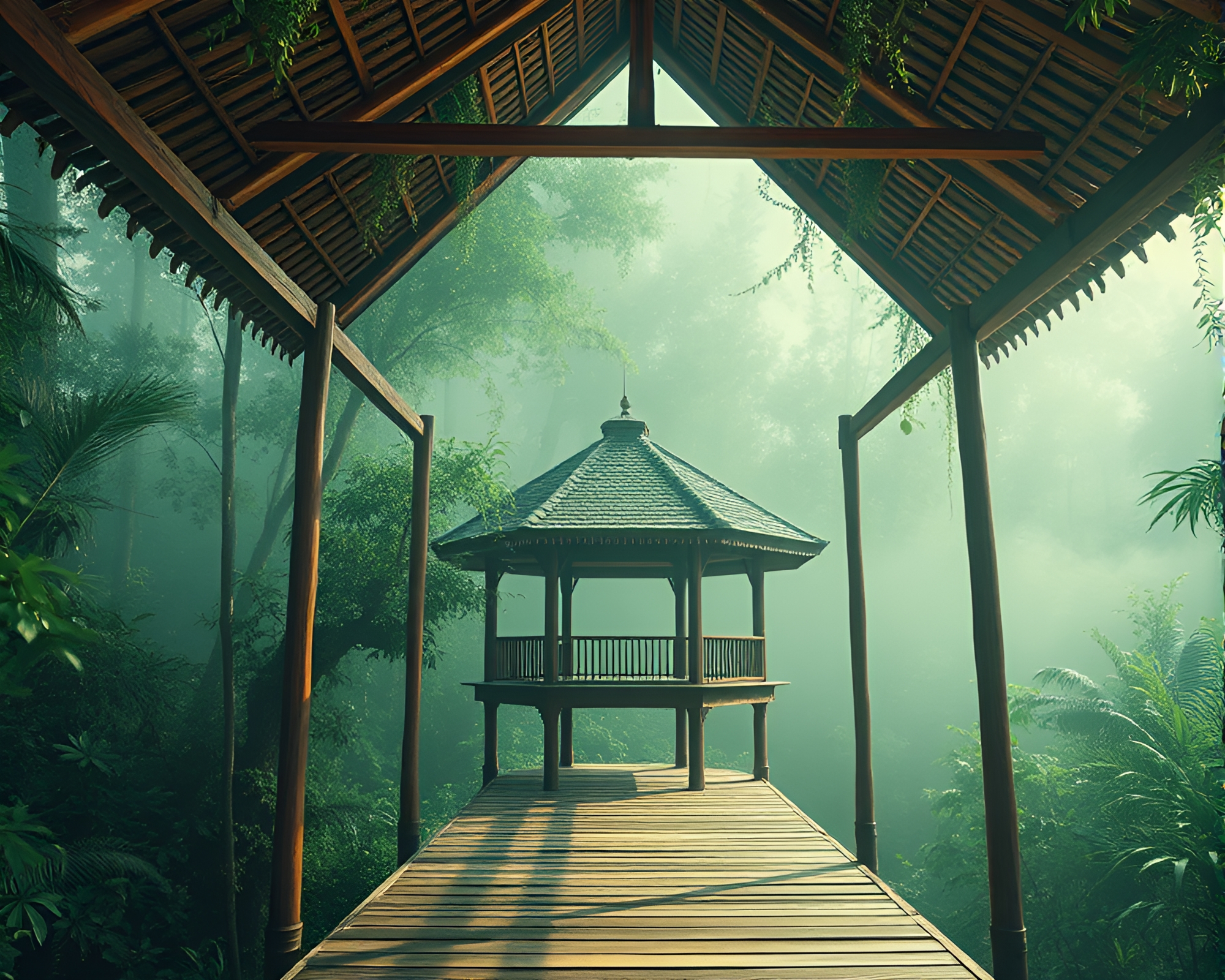 Immersive Rainforest Pavilion Collage Art – free AI stock image