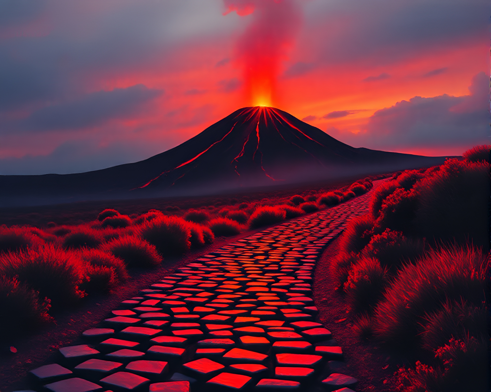 Antique compass on cobblestone path under volcano glow – free AI stock image