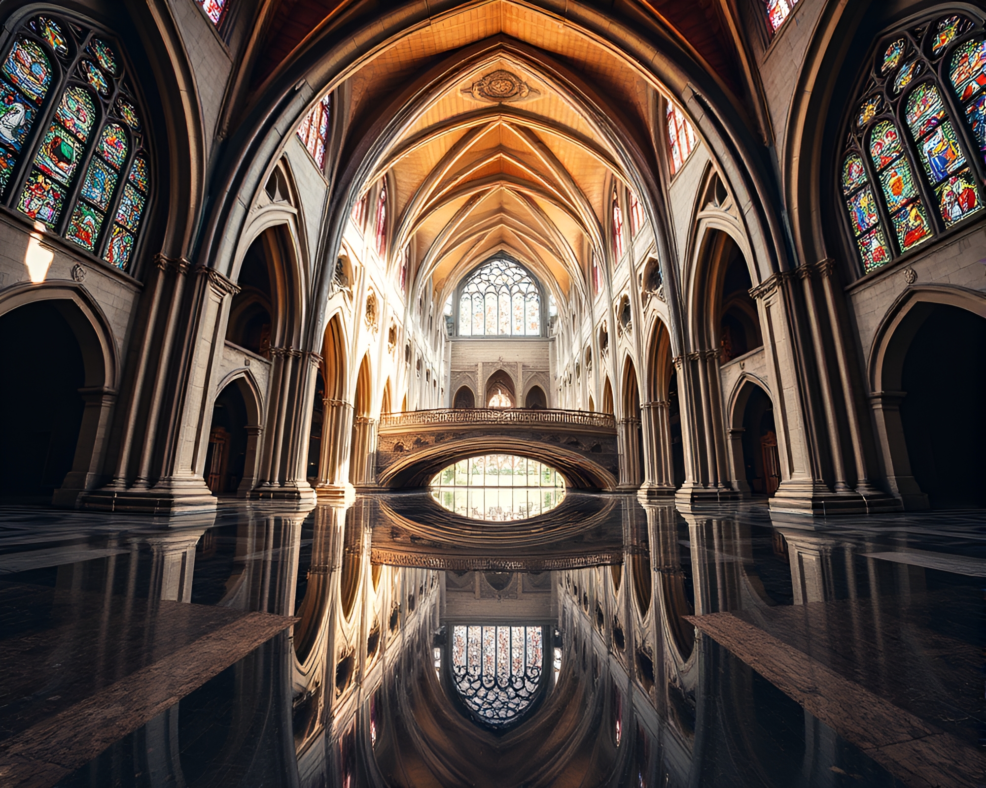 Symmetrical Arch Bridge Cathedral Stained Light Photography – free AI stock image