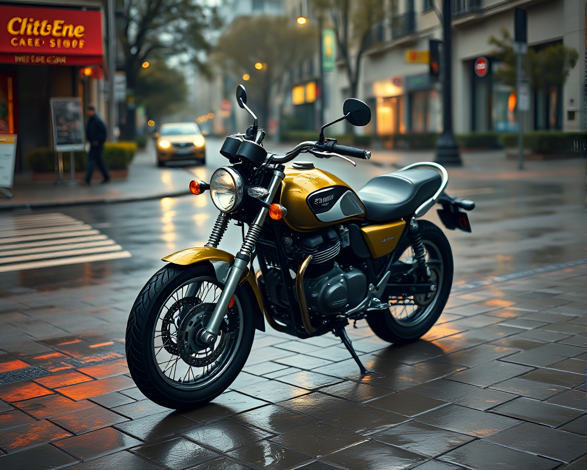 Glowing motorcycle on rain-slicked street – free AI stock image