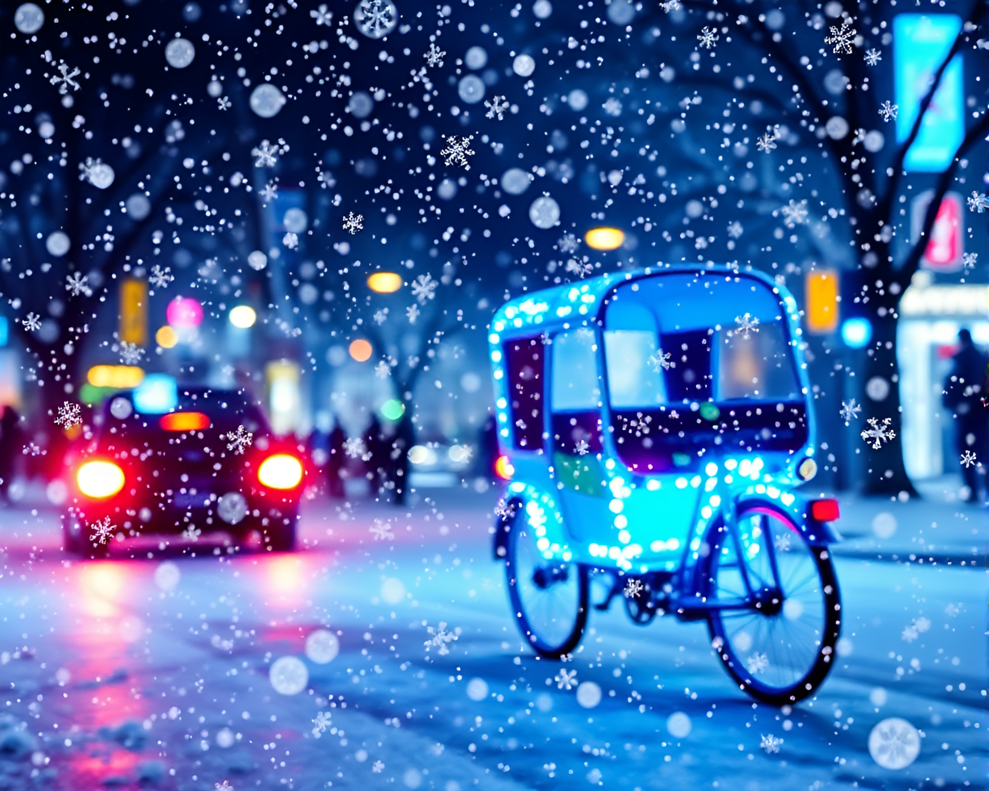 Enchanting Snowflake Rickshaw Ride under Topaz Skies – free AI stock image