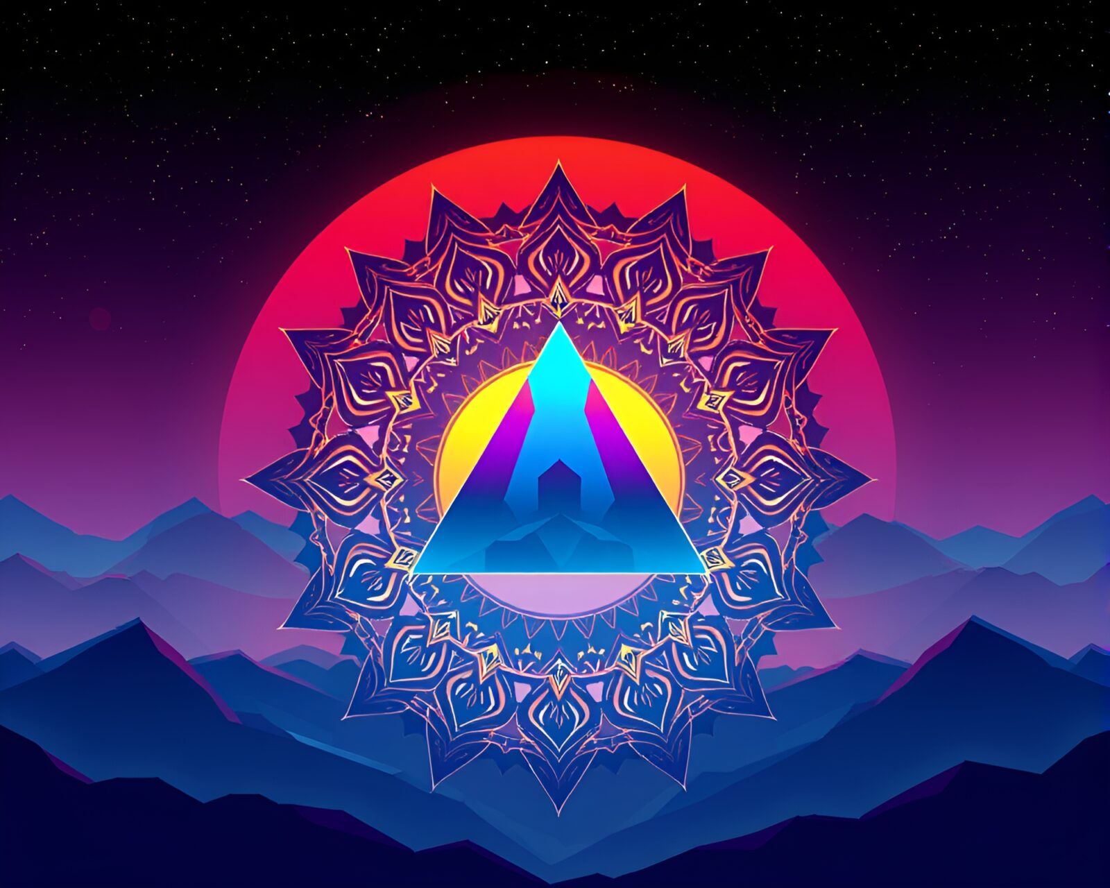 Mandala design refracted through prism in cyberpunk golden hour