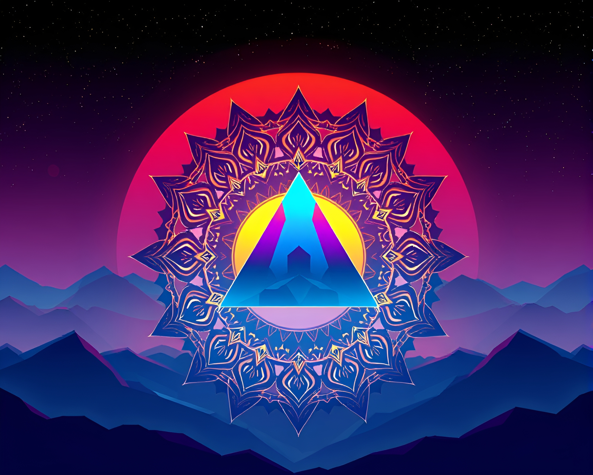 Prismatic Mandala Refracted in Cyberpunk Dusk – free AI stock image