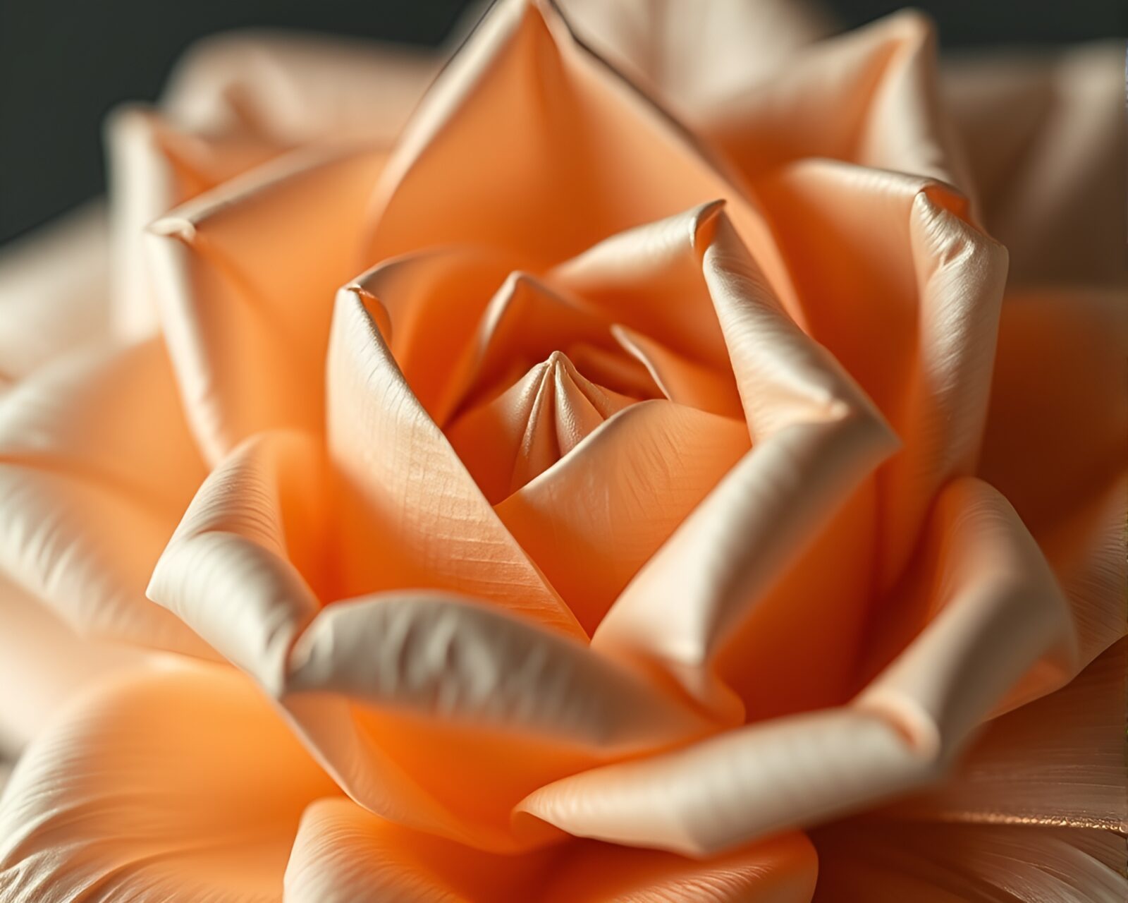 Detailed origami flower in shimmering rose gold hues