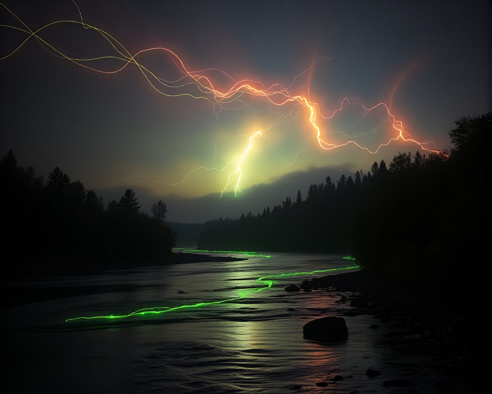 Abstract river flowing with vibrant fiber optic fractals