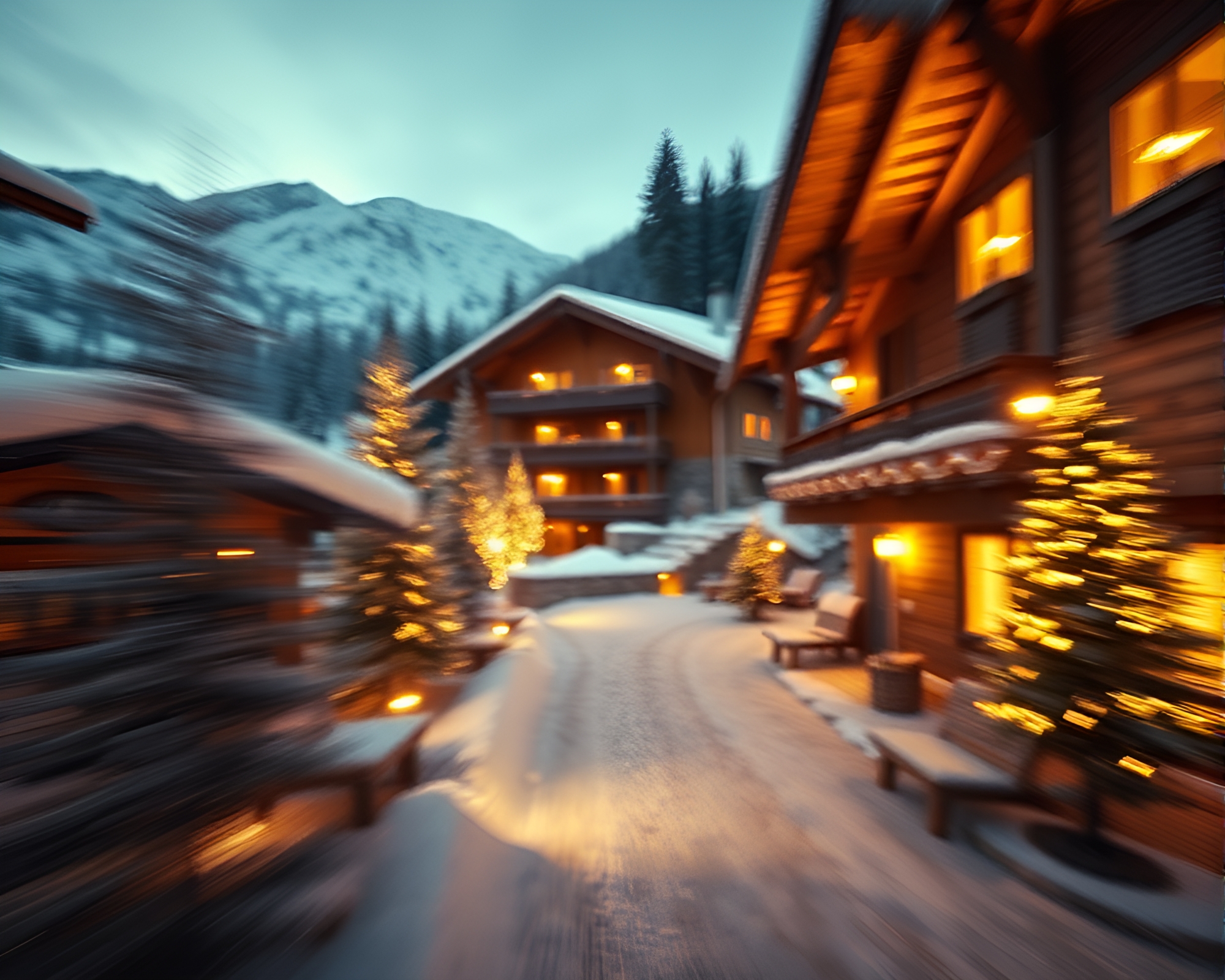Alpine Chalet Bathed in Candlelit Pan Motion Blur – free AI stock image
