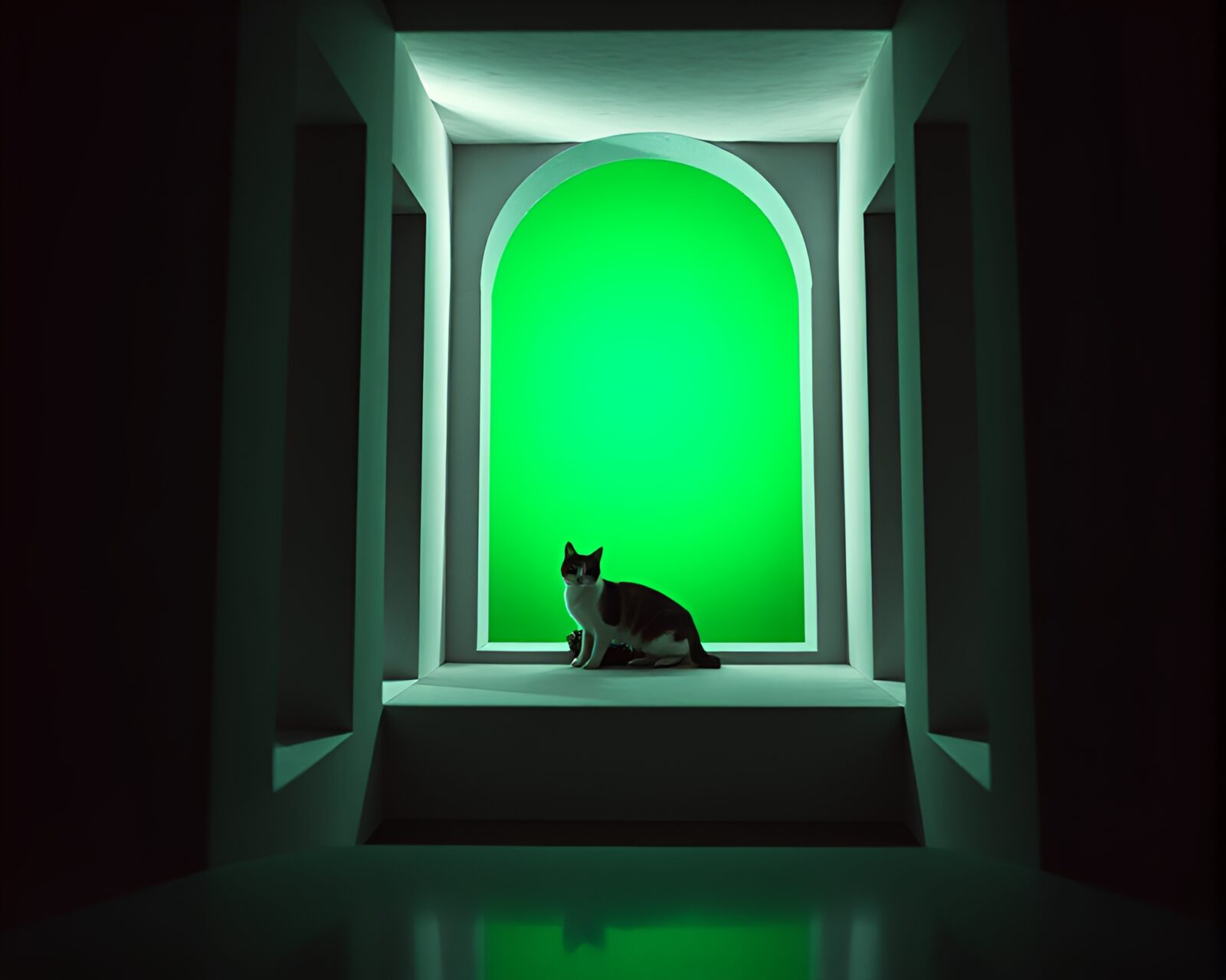 Surreal image of Schrodinger’s cat in a green frame