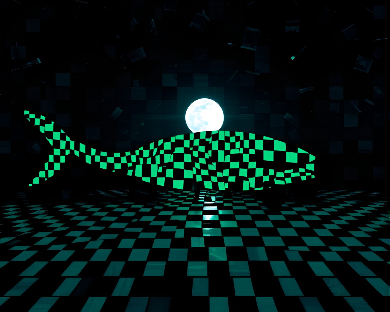Majestic sea monster rises under moonlit checkered sky