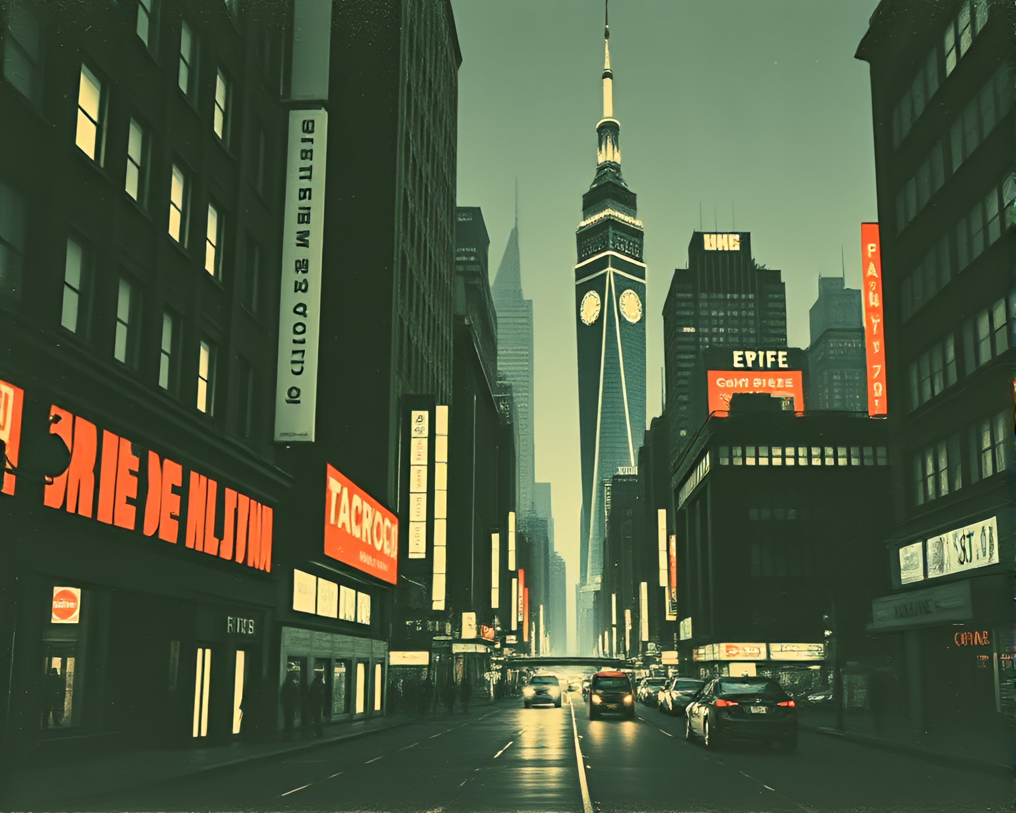 Futuristic Woodblock Cityscape: Duotone Vintage Vibe – free AI stock image