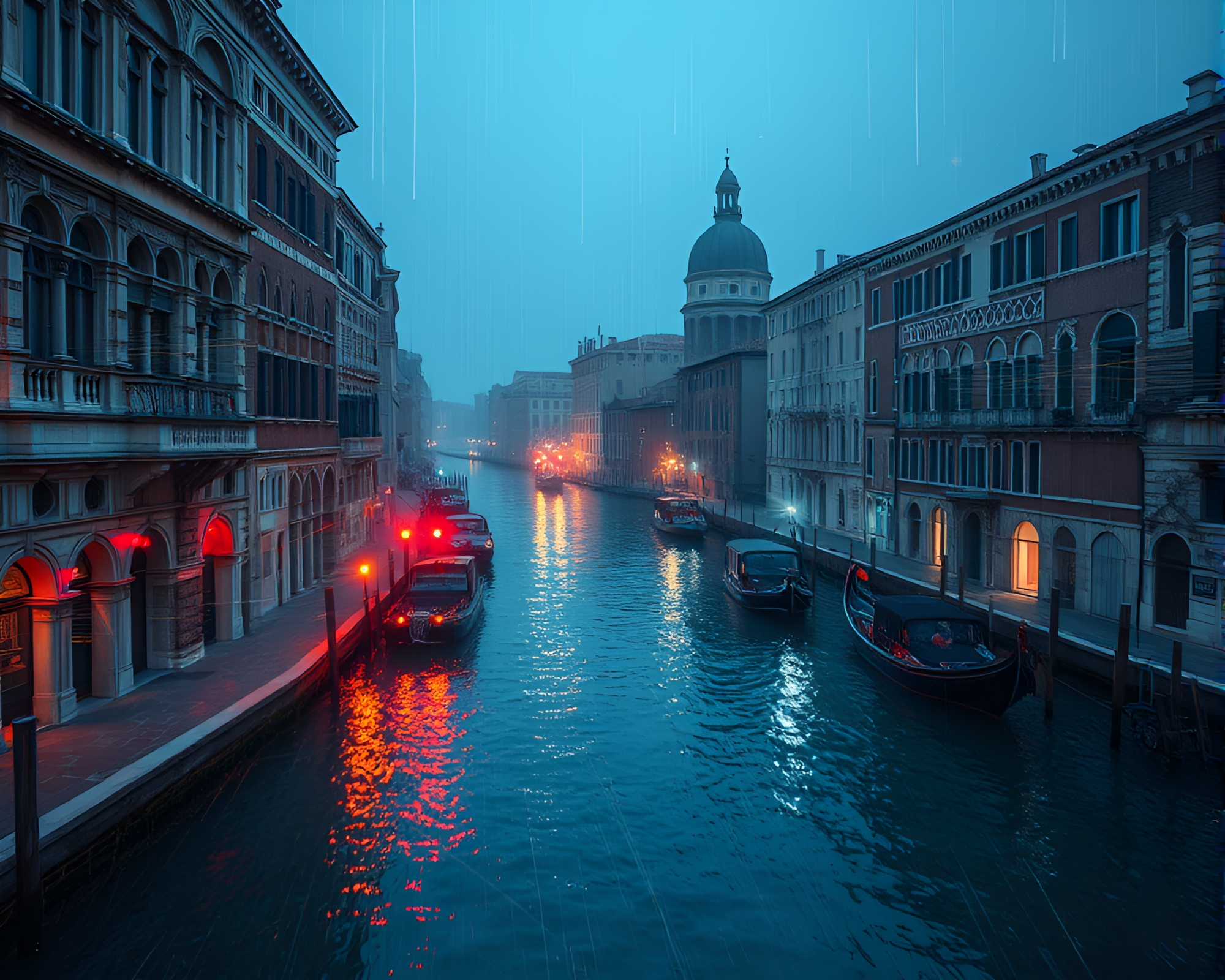 Synthwave-inspired Venice canal with fiber optics – free AI stock image