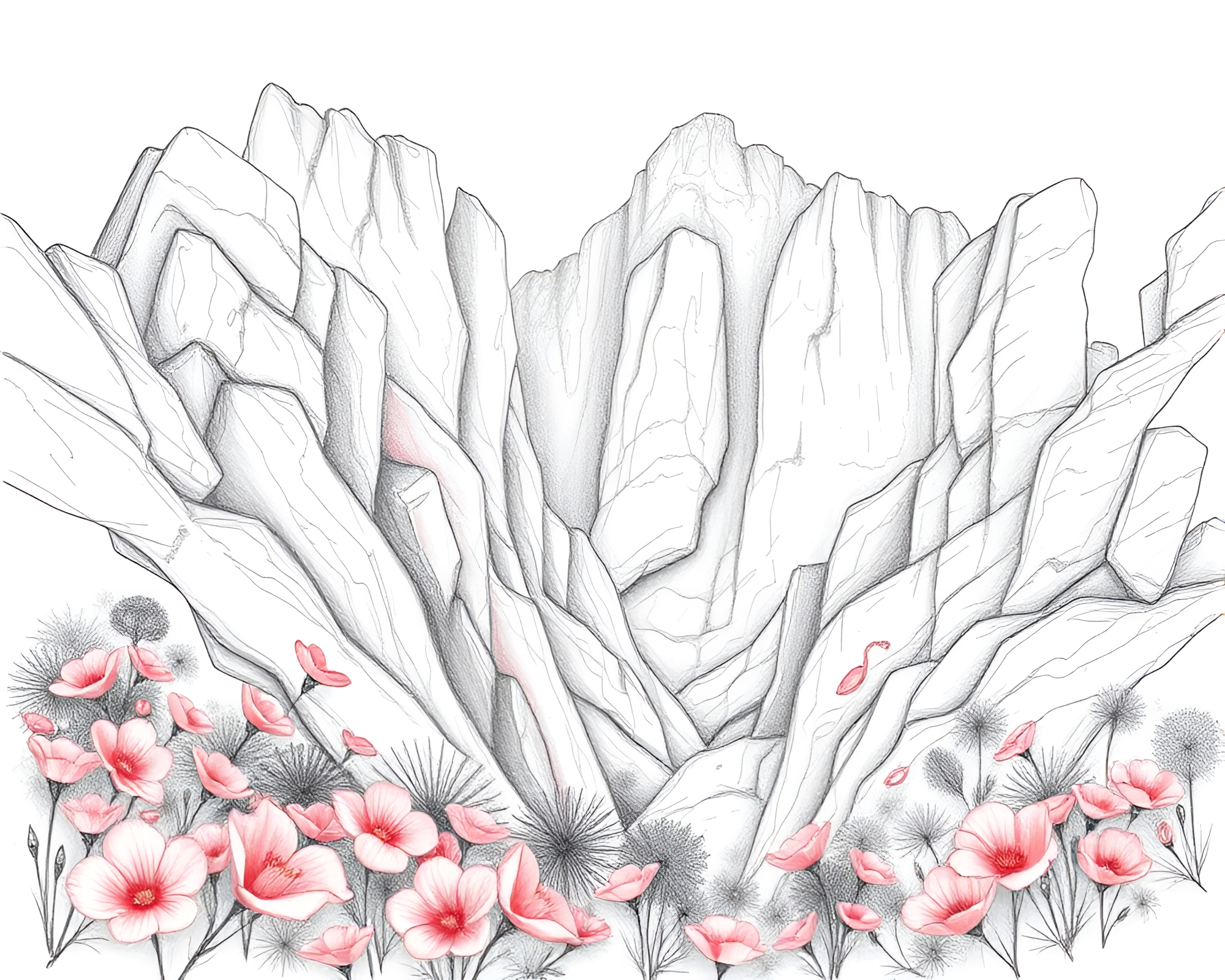 Monochromatic Canyon: Sketch of Flower Petals – free AI stock image