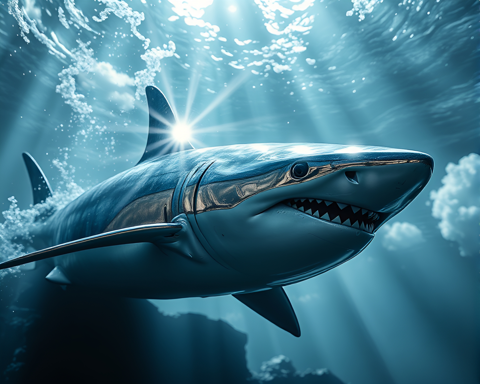 Silver Leaf Shark in Solar Flare Glow – free AI stock image