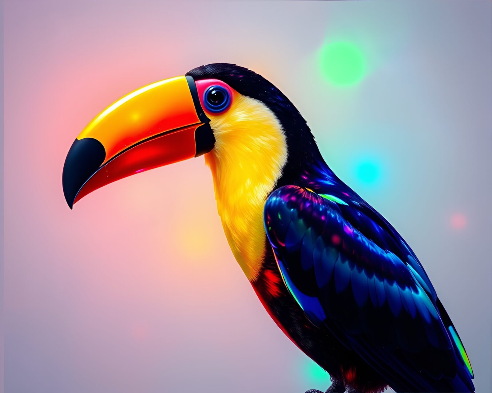 Colorful Toucan in soap film rainbow colors under fluorescent light