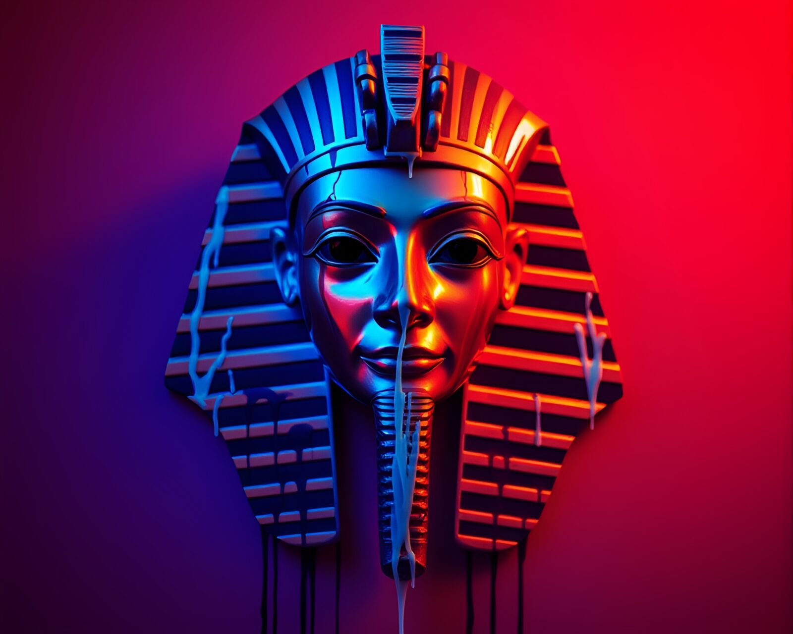 Vibrant orange sunset meets Egyptian Pharaoh's mask with neon accents and spray paint drips