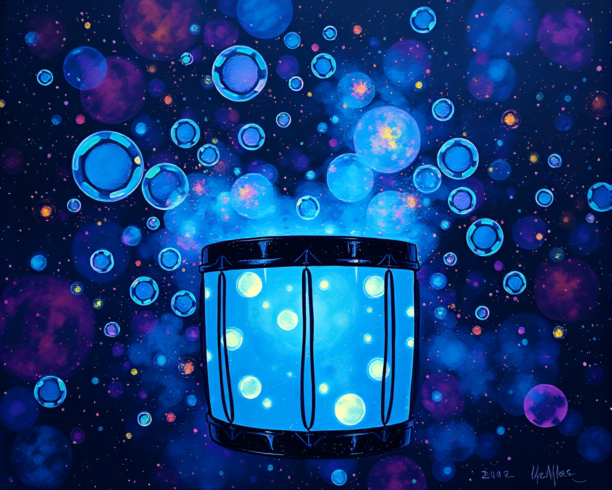 Bioluminescent Drum Bubble Clusters Fantasy Painting – free AI stock image