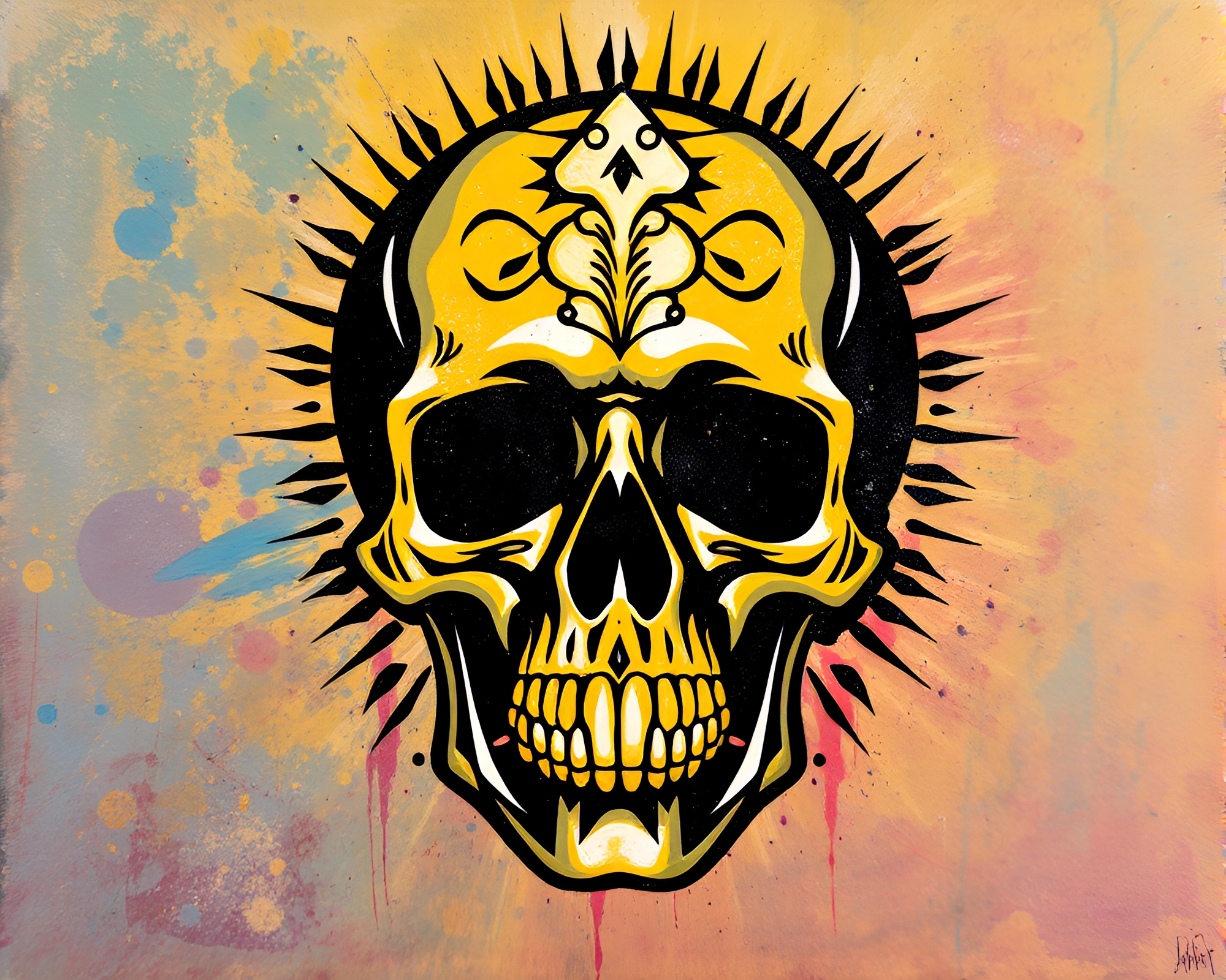 Acrylic Spattered Crystal Skull in Sunbeam Stencil Glow – free AI stock image