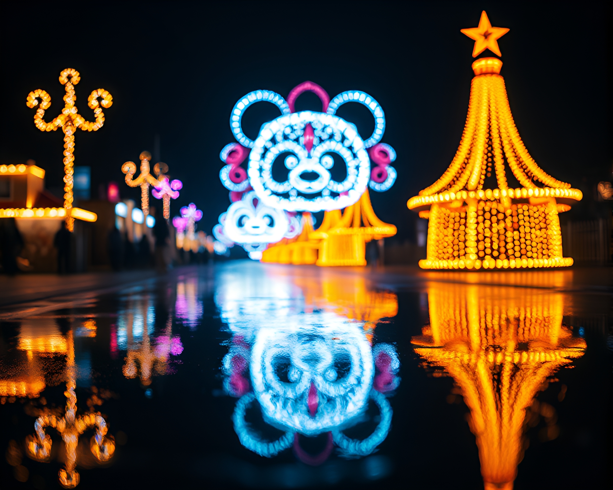 Panda Carnival: Mysterious Reflections Amidst Chiaroscuro Lights – free AI stock image