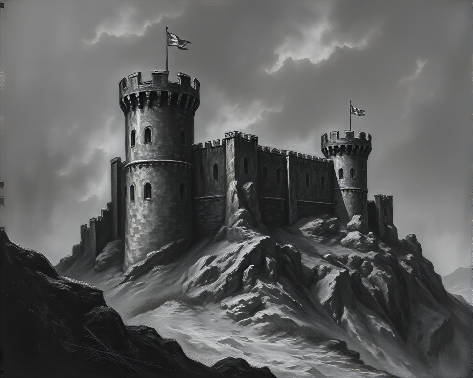 A detailed, engraved-look image of a deserted castle in moody black tones