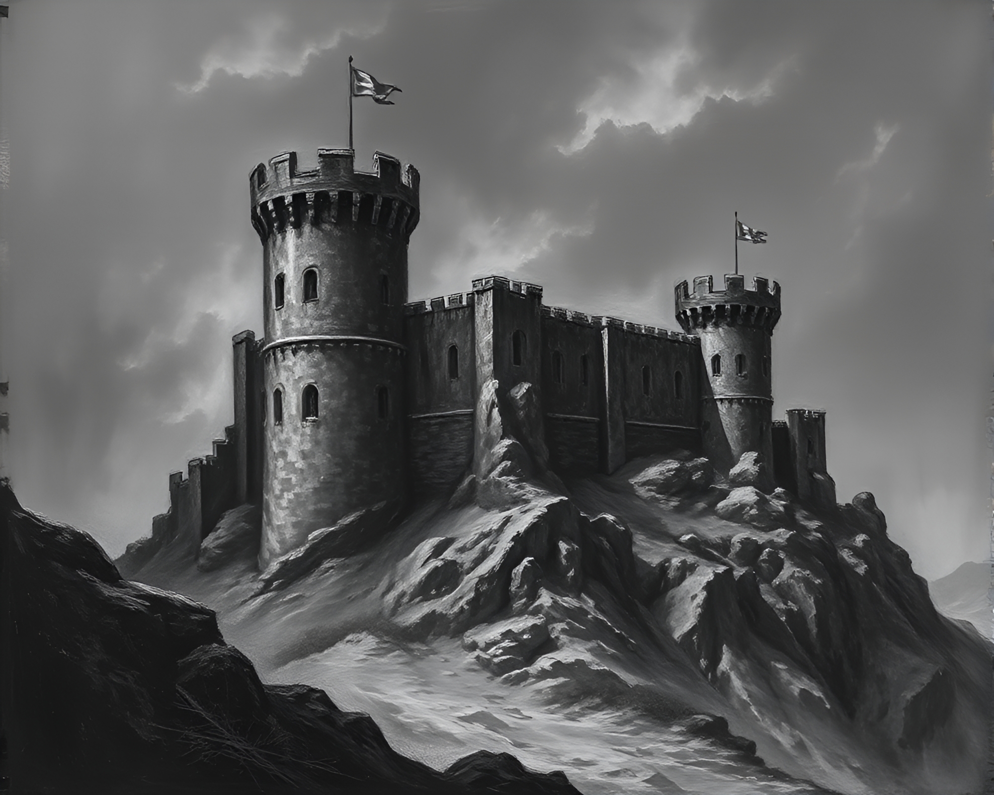 Deserted Castle Engraved in Charcoal-Black Action Painting – free AI stock image