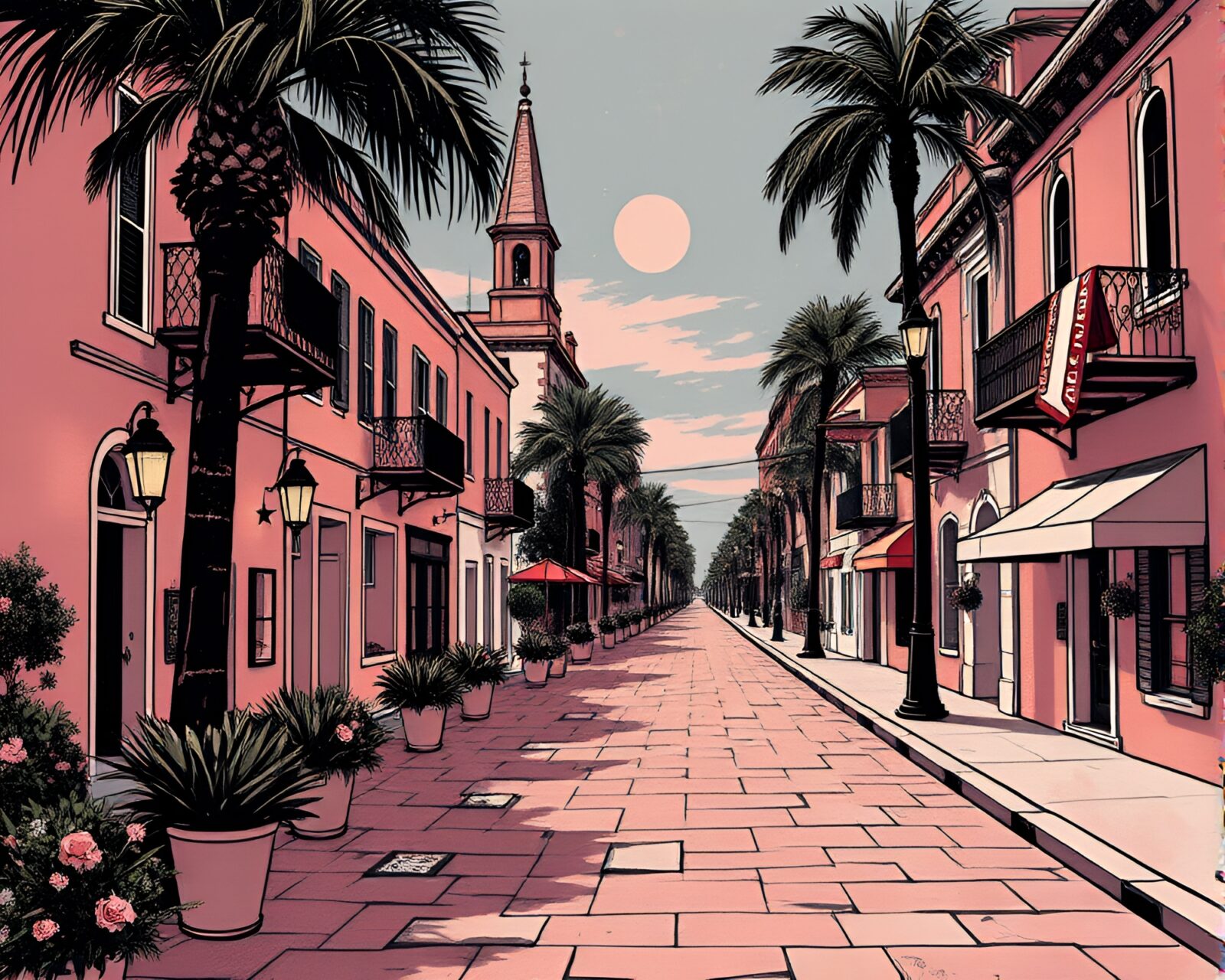 Graphic novel style illustration of rose gold themed street art in Savannah