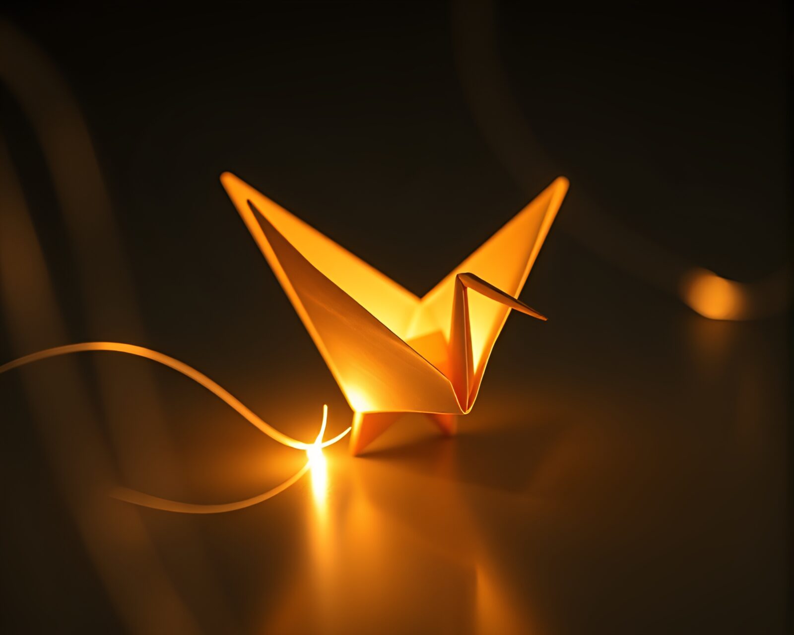 Split focus diopter image of line art origami crane with light streaks