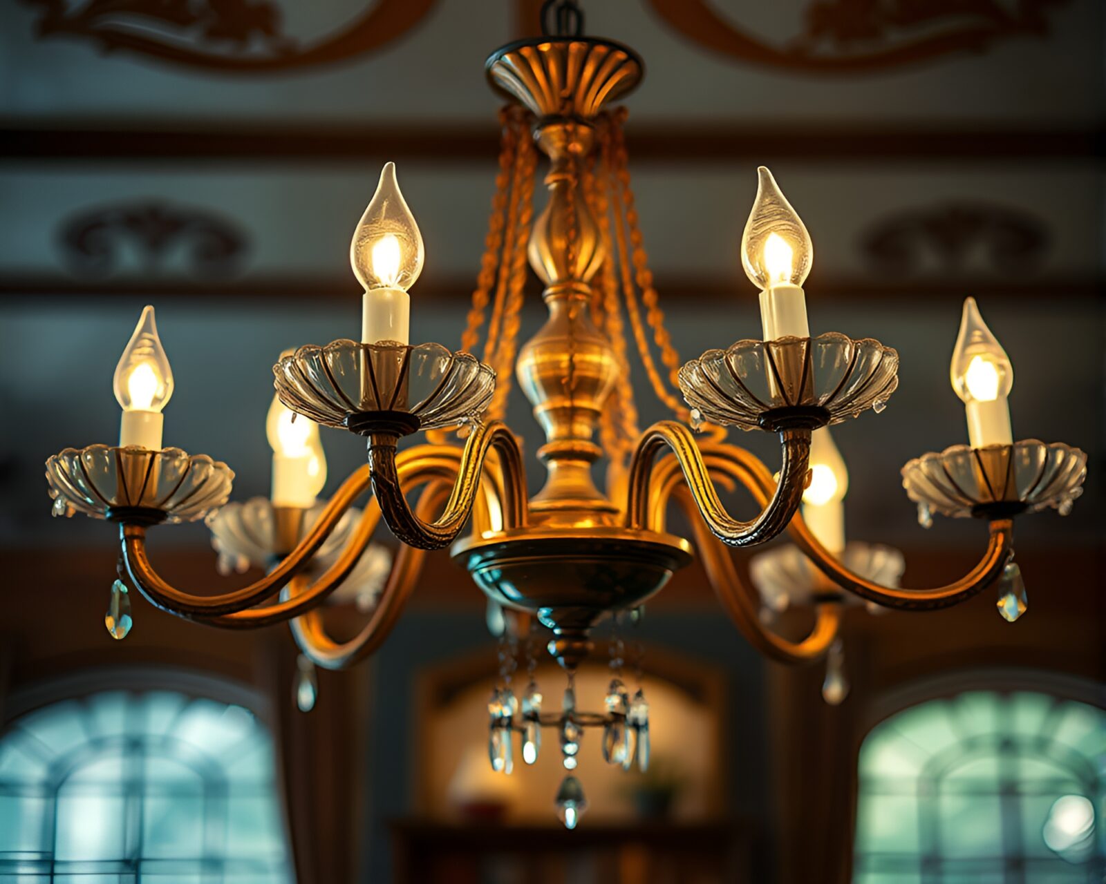 Tilt-shifted image of a faded denim-themed Victorian chandelier.