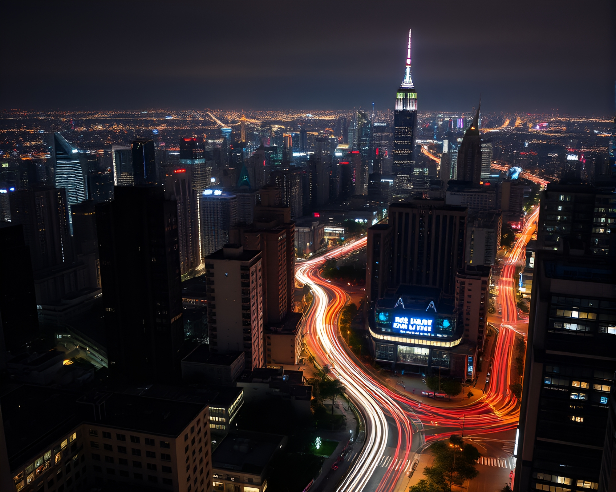 Neon Cityscape Medium Shot Long Exposure Photography – free AI stock image