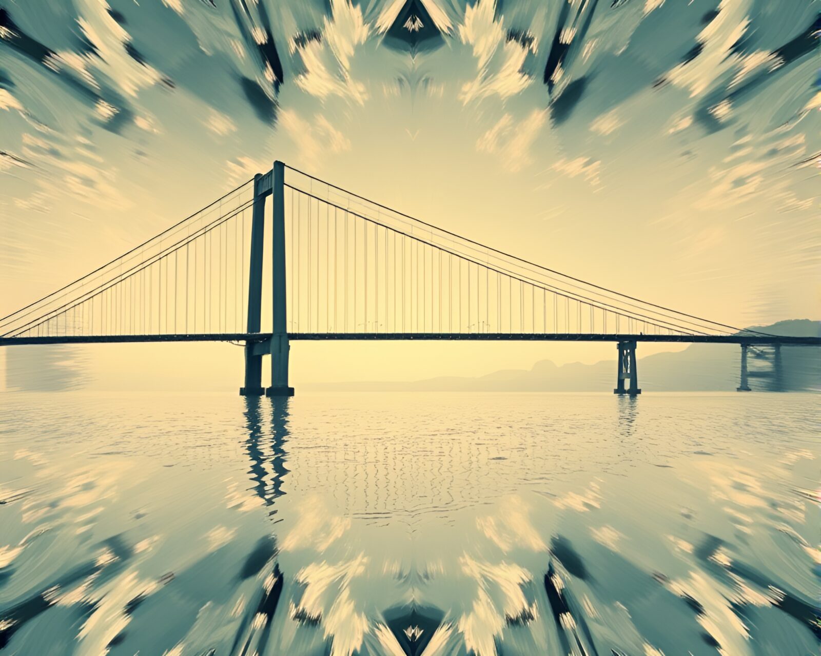 Lithograph-style image of a suspension bridge reflected in kaleidoscopic water