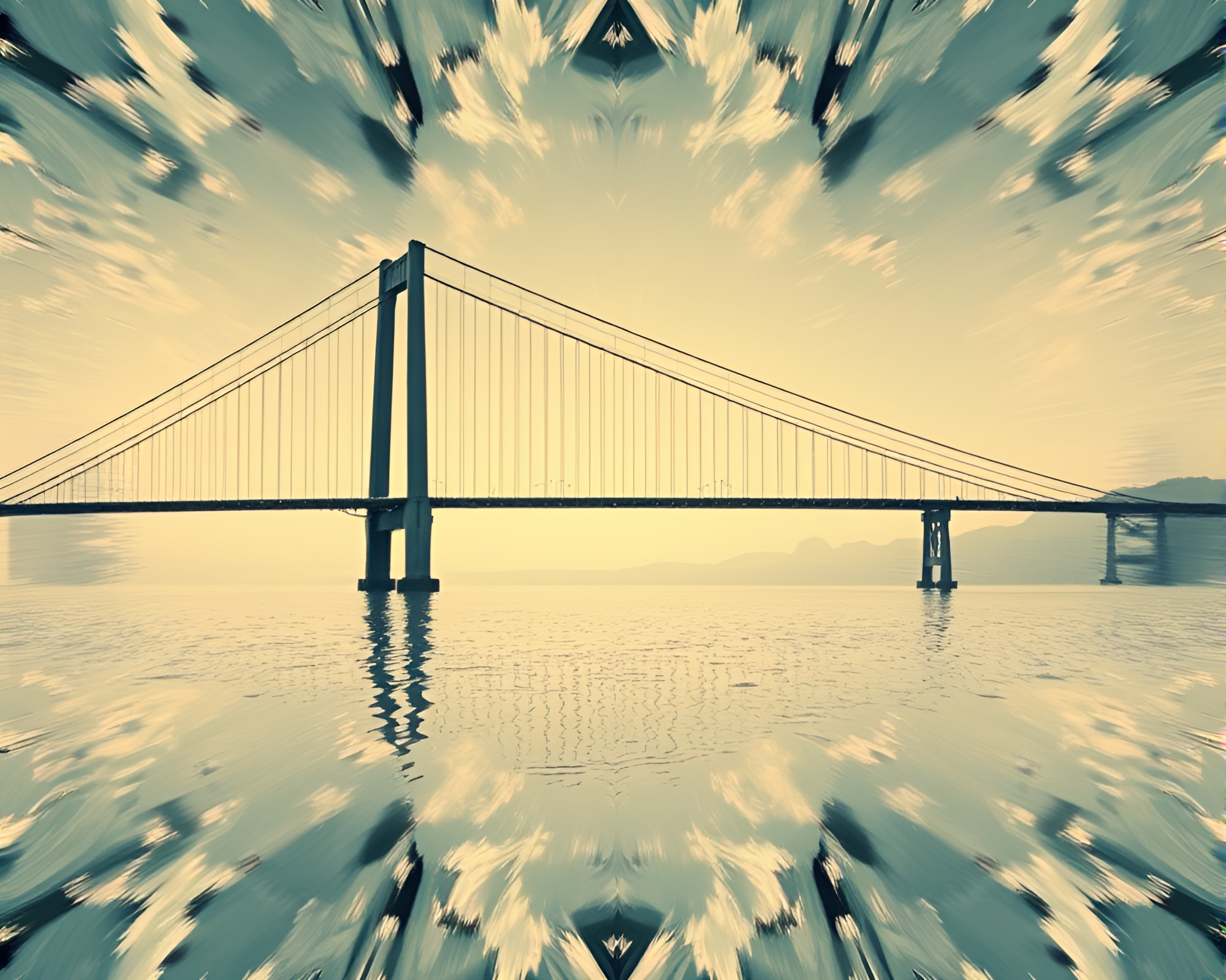 Kaleidoscope Suspension Bridge Reflecting in Distorted Water – free AI stock image