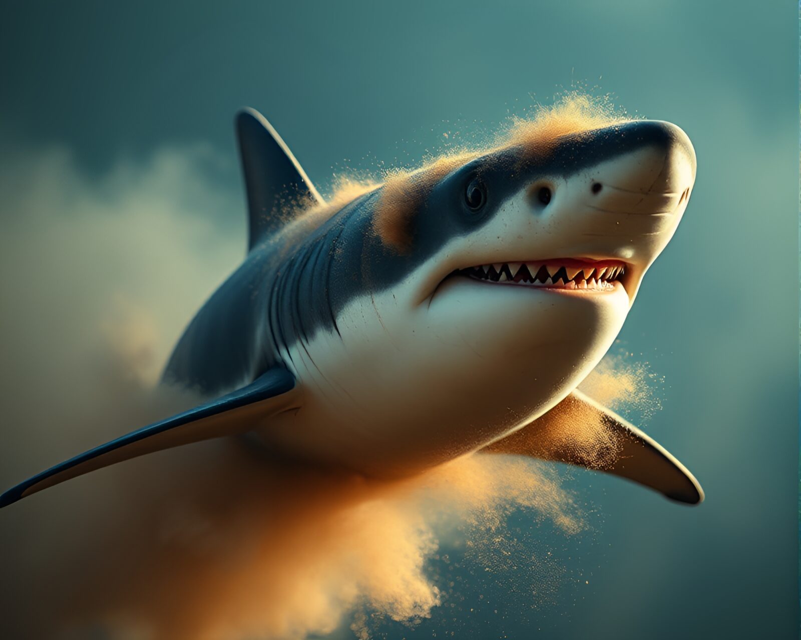 Photorealistic shark swimming through mesmerizing dust overlay