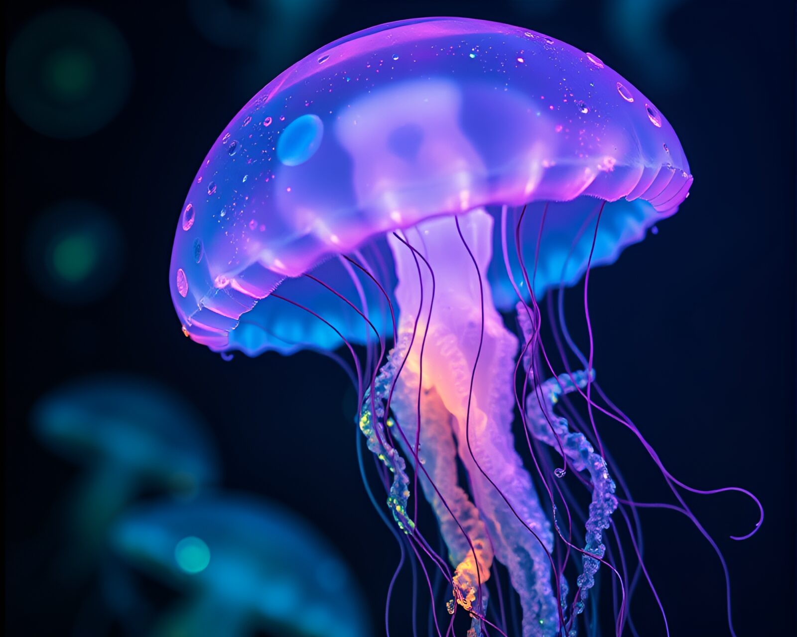 Glistening jellyfish glowing in monochromatic glass display