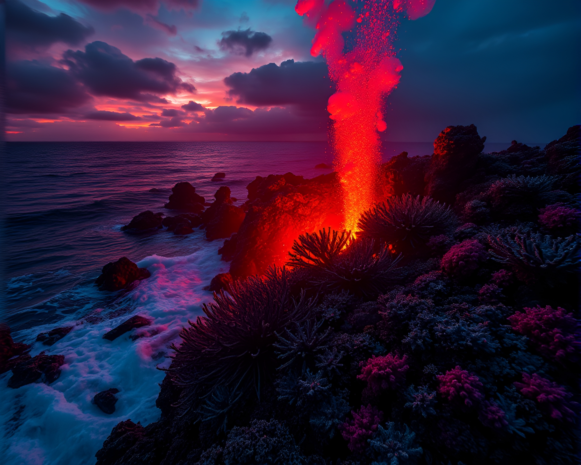Coral Reef Mirage: Volcano Glow Lens Distortion – free AI stock image