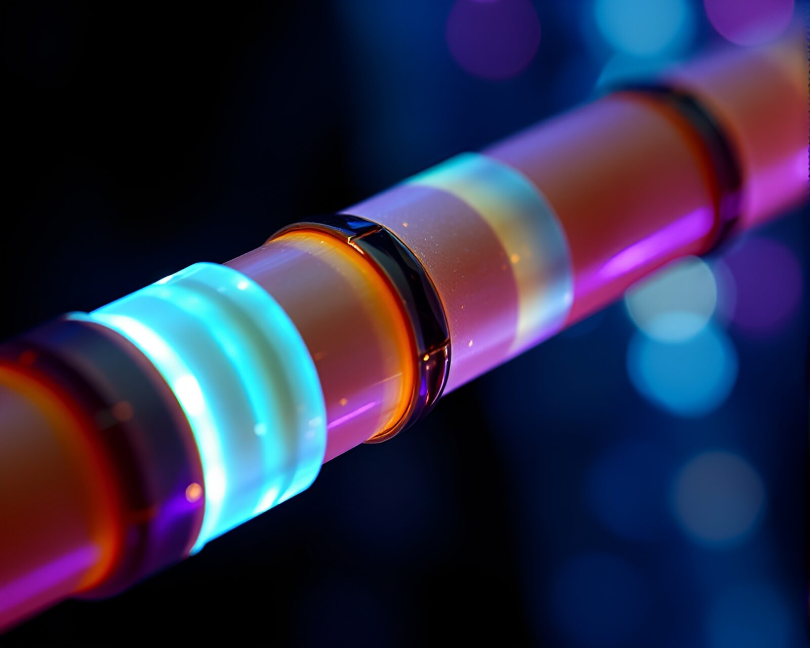 Close-up of bamboo flute emitting vibrant, pixelated light