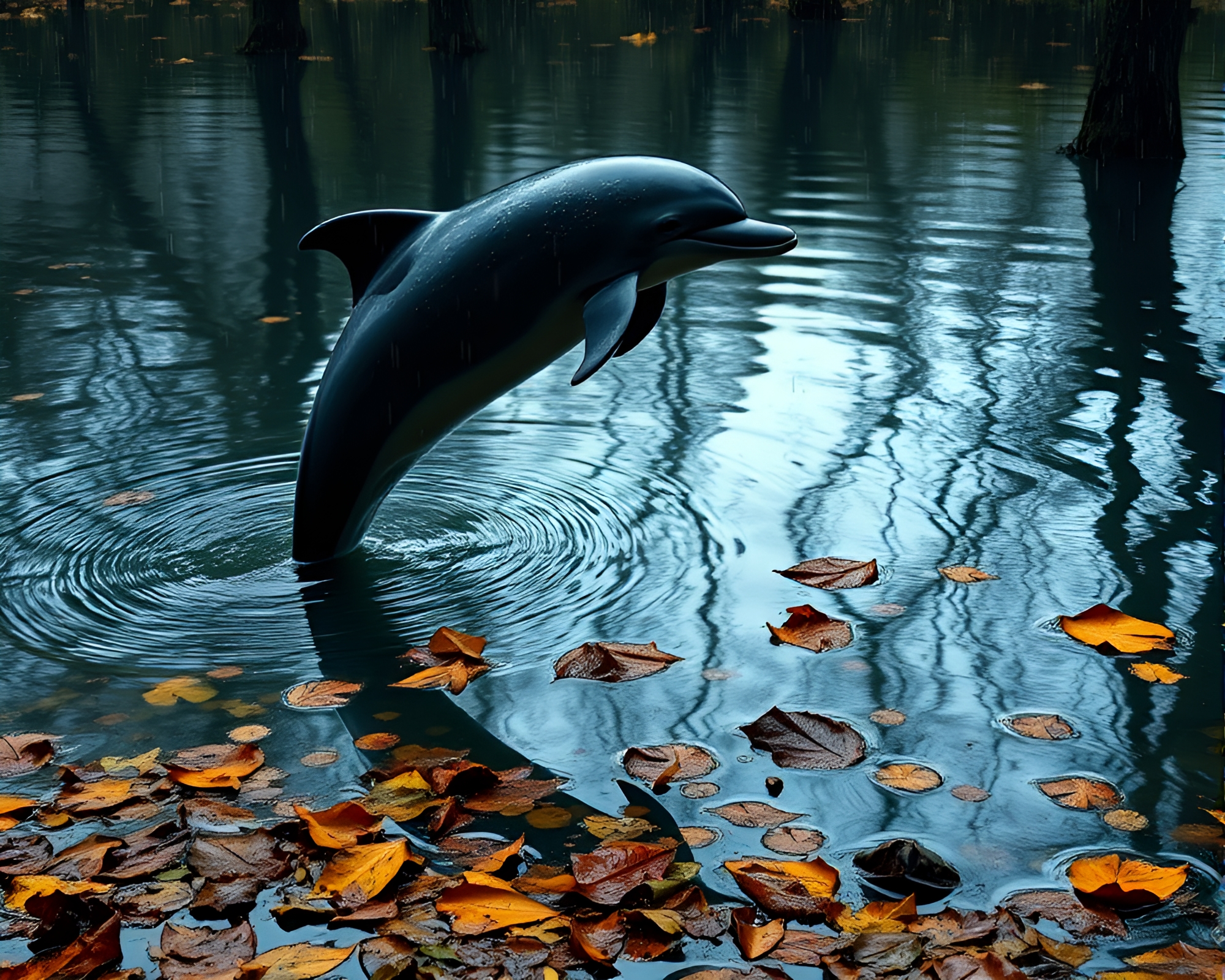 Dolphin Among Rainy Leaf Litter in Utopian Reflections – free AI stock image