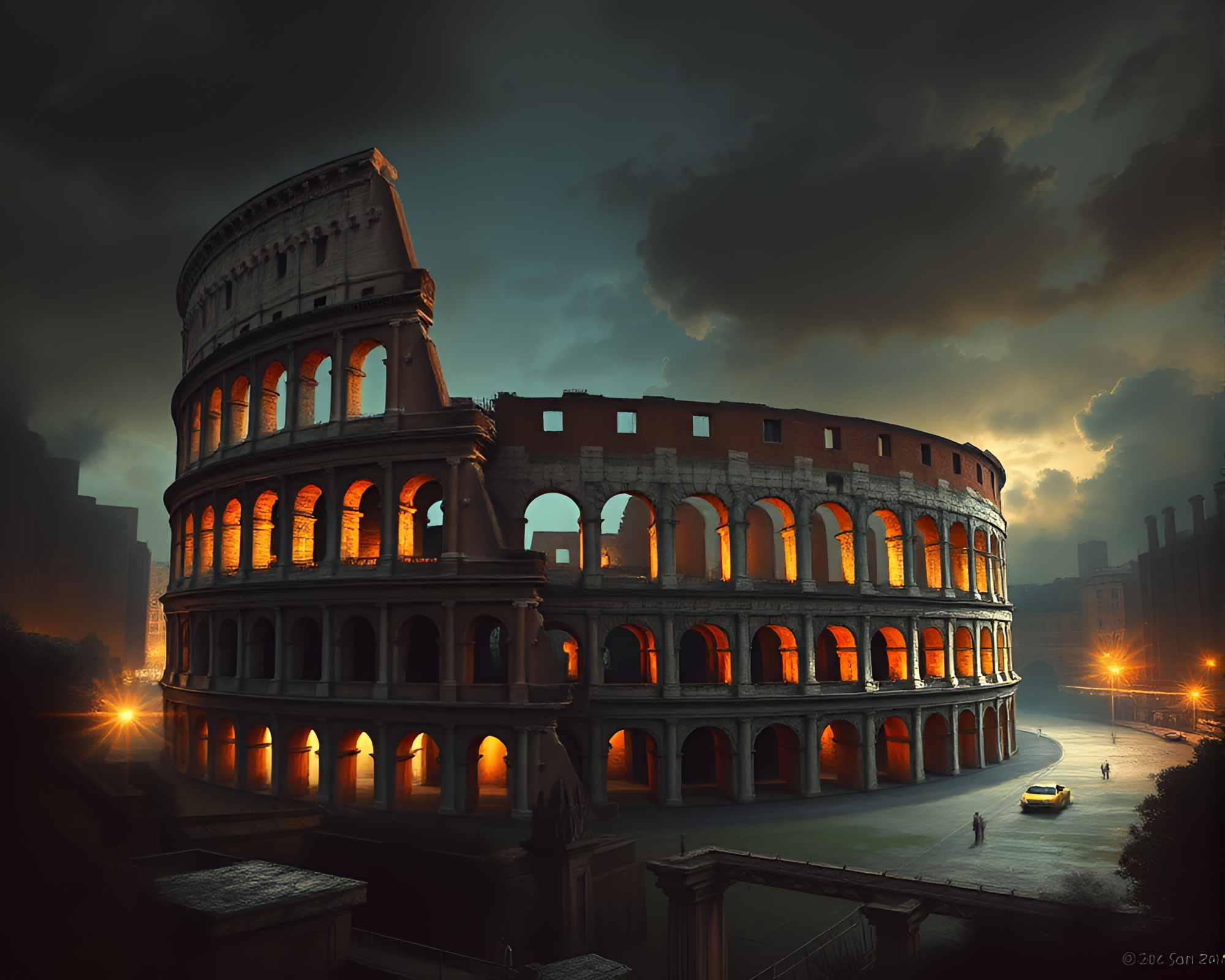 Dramatic Digital Painting of Roman Coliseum at Night – free AI stock image