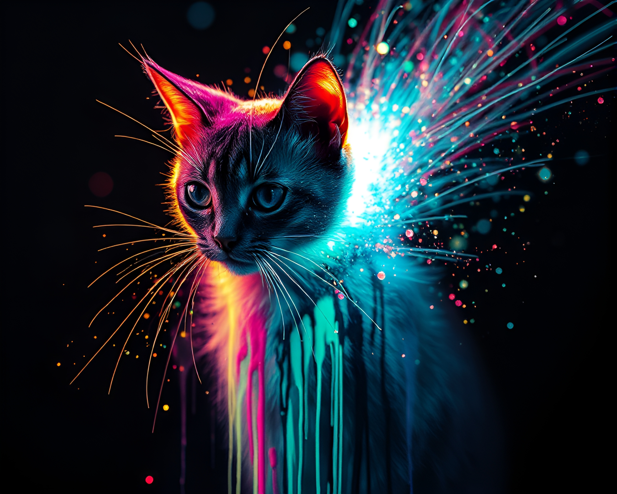 Duochrome Schrodinger’s Cat in Fairy Light Spray Paint Drips – free AI stock image